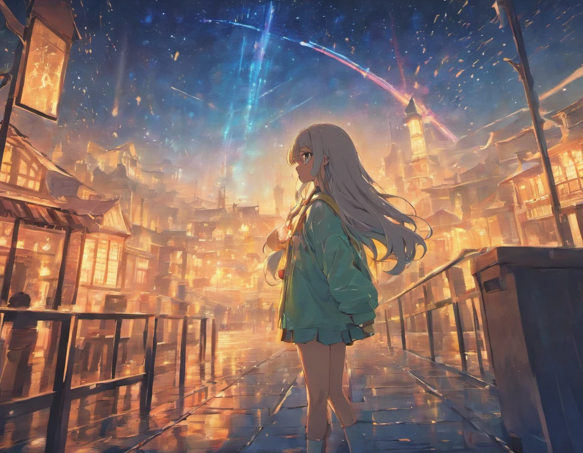 best quality,4k,8k,highres,masterpiece:1.2), ultra-detailed,, HDR, UHD, studio lighting, ultra-fine painting, sharp focus, physically-based rendering, extreme detail description, professional, vivid colors, bokeh, portraits, anime, concept artists, starry night, rooftop, rainbow, night sky, longhaired girl, standing, anime art wallpaper 8k, 4k anime wallpaper,(Masterpiece: 1.2), (Best Quality), 4k, Ultra Detailed, (Dynamic Composition: 1.4), Rich in Detail and Color, (Rainbow Color: 1.2), (Glow, Atmospheric Lighting), Dreamy, Magical, (Solo: 1.2),
