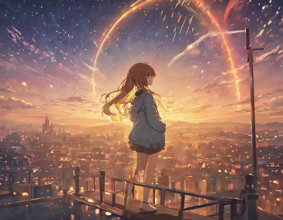 best quality,4k,8k,highres,masterpiece:1.2), ultra-detailed,, HDR, UHD, studio lighting, ultra-fine painting, sharp focus, physically-based rendering, extreme detail description, professional, vivid colors, bokeh, portraits, anime, concept artists, starry night, rooftop, rainbow, night sky, longhaired girl, standing, anime art wallpaper 8k, 4k anime wallpaper,(Masterpiece: 1.2), (Best Quality), 4k, Ultra Detailed, (Dynamic Composition: 1.4), Rich in Detail and Color, (Rainbow Color: 1.2), (Glow, Atmospheric Lighting), Dreamy, Magical, (Solo: 1.2),