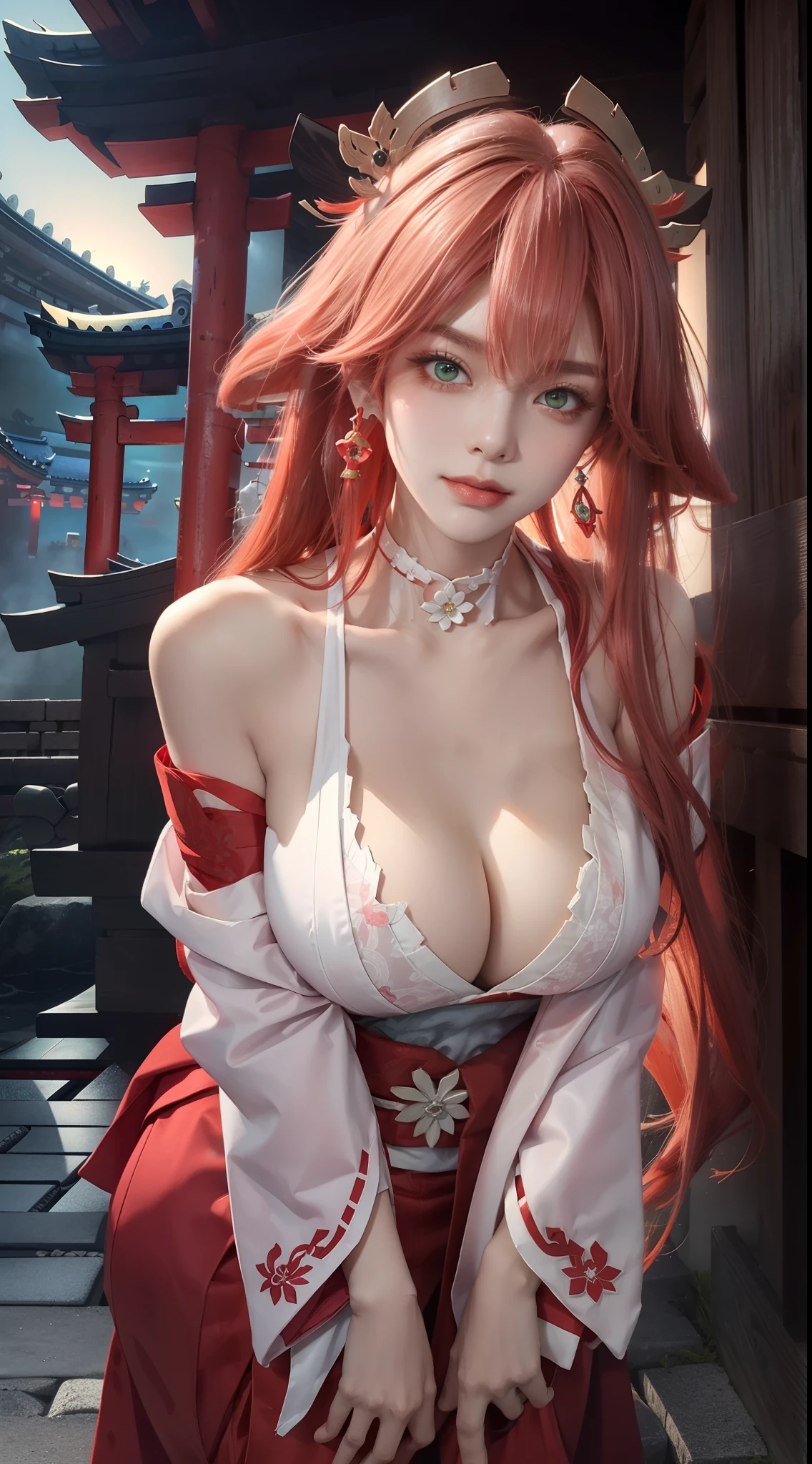 (tmasterpiece,Need,1girl,solo,The details are complex,color difference),photorealestic,((Medium breath)),cropped shoulders,huge tit,Raised sexy,yae miko,ssmile,Pink Long Hair,red headgear,Red highlight,Hair above one eye,Green eyes,耳Nipple Ring,sharp look,Perfectly symmetrical figure,choker,Neon shirt,Open jacket,high-necksweater,against a wall,brick walls,scribbles,dim murky lights,alley,looking at viewert,((Mean streak,Cleavage is seductive,big breasts enchanting)),(((sakurabackground))),(((Japanese temple background))), (((Glow-in-the-dark background)))