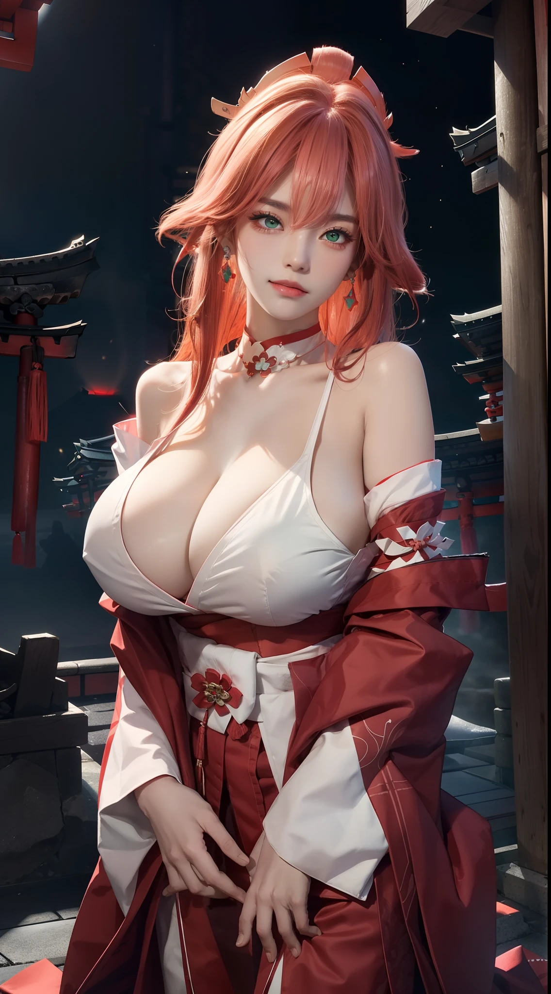 (tmasterpiece,Need,1girl,solo,The details are complex,color difference),photorealestic,((Medium breath)),cropped shoulders,huge tit,Raised sexy,yae miko,ssmile,Pink Long Hair,red headgear,Red highlight,Hair above one eye,Green eyes,耳Nipple Ring,sharp look,Perfectly symmetrical figure,choker,Neon shirt,Open jacket,high-necksweater,against a wall,brick walls,scribbles,dim murky lights,alley,looking at viewert,((Mean streak,Cleavage is seductive,big breasts enchanting)),(((sakurabackground))),(((Japanese temple background))), (((Glow-in-the-dark background)))