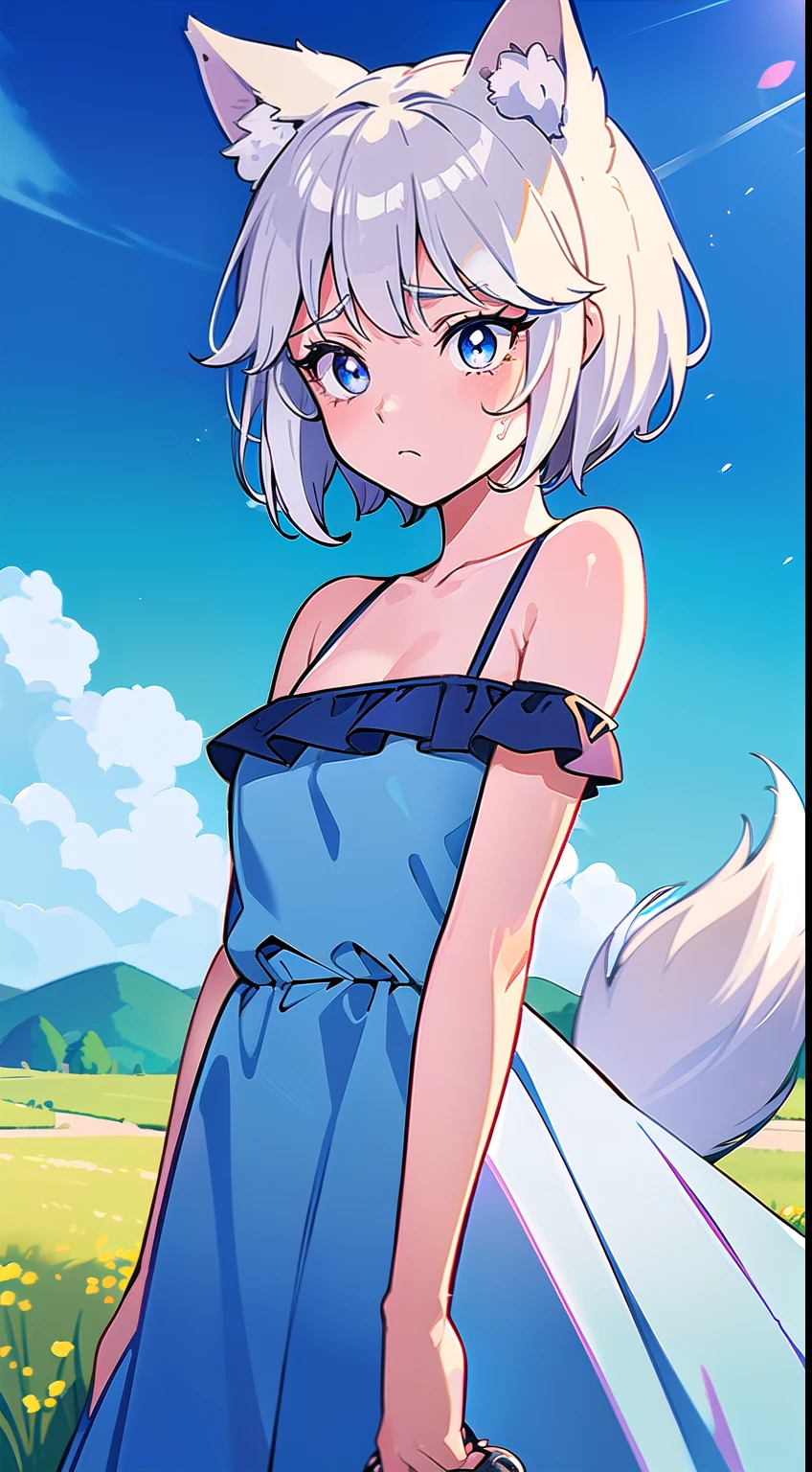 High quality, 1girl, ((((Candy Candy anime coloring)))), (wolf girl, wolf ears, wolf tail), animal ears, ((((short hair)))), ((silver white hair)), hair clip, ((hair tap eye)), ((blue eyes)), long eyeslashes, eyeliner, (((small breasts, old west, old dress, bare shoulders))), solo, ((standing)), ((worried, sad expression, melancholic, look blue eyes)), portrait, close-up, (field background, sky, clouds), face, closed_mouth, blush, anime_coloring, eyelashes, shiny, detailed shadows, detailded eyes, (((Manga style, Manga coloring))).