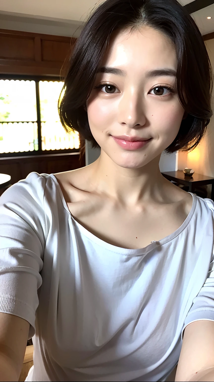 (top-quality、8K、32K、masterpiece、nffsw:1.2)、1girl in、28 year old、Charming face、Clean Japan、holiday、Soft smile、beautidful eyes、intricate-detail、Fine skin、short-hair、Profile drinking a drink
