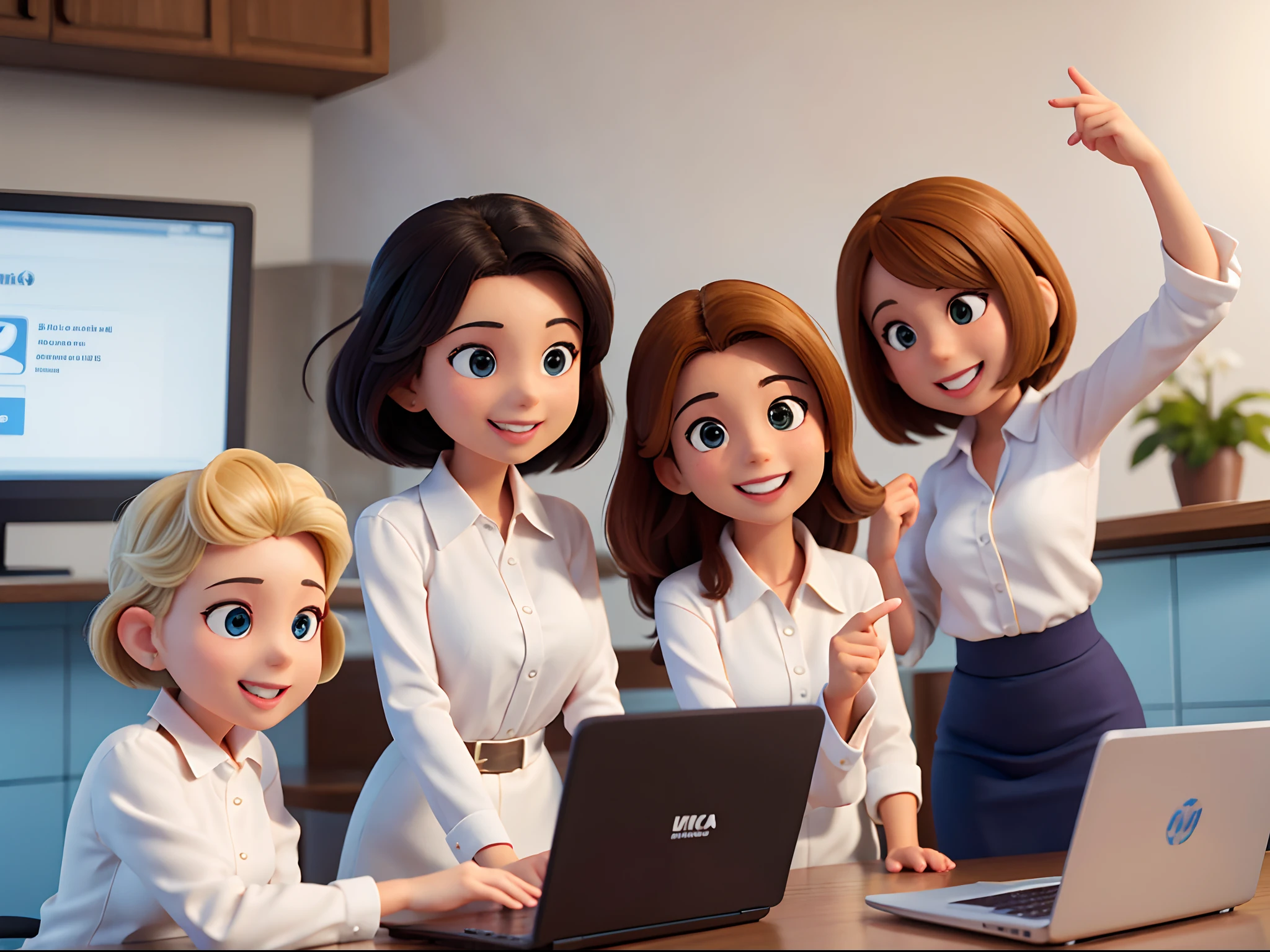 three women executives, one on the laptop, uma no celular, uma no computador, felizes sorrindo animadas, fundo branco png