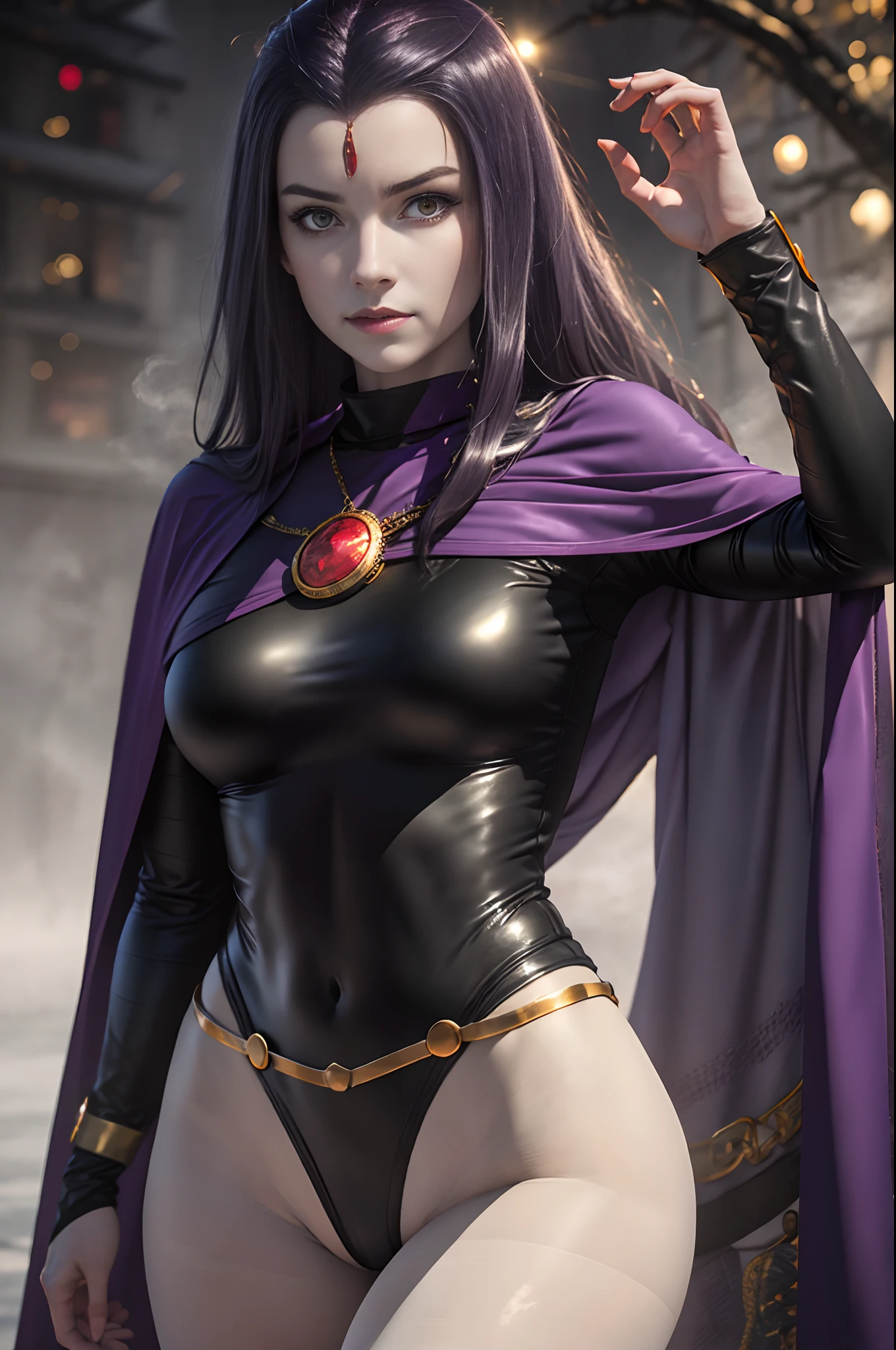 enji night as 1girl, cowboy shot of raven cosplay, pale skin, black leotard, turtleneck, tights, large sexy hips, cape,  gold belt, jewels, medallion, athletic, looking at viewer, mist, fog, volumetric lighting, best quality, masterpiece, intricate details, sharp focus, realistic