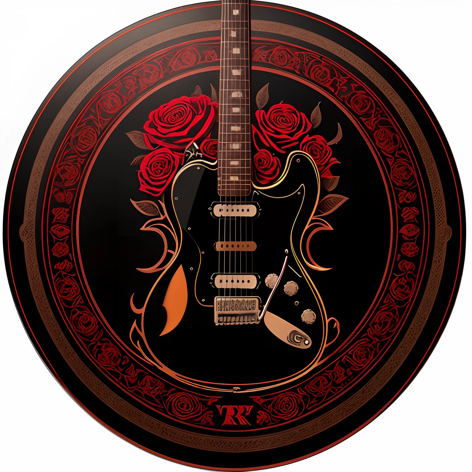 T-shirt style, vector, rock music logo, vintage 70's, two gothic letters "R" placed frontally, one of which is upside down, one of the two letters has the shape of an electric guitar, black and red colours, some red roses intertwine with the logo, woodcutting template, decorative design, classical ornament, motif, negative space, highly detailed etching, octane render, 8 k, illustration, highly detailed, simple, smooth and clean vector, no jagged lines, vector art, smooth.