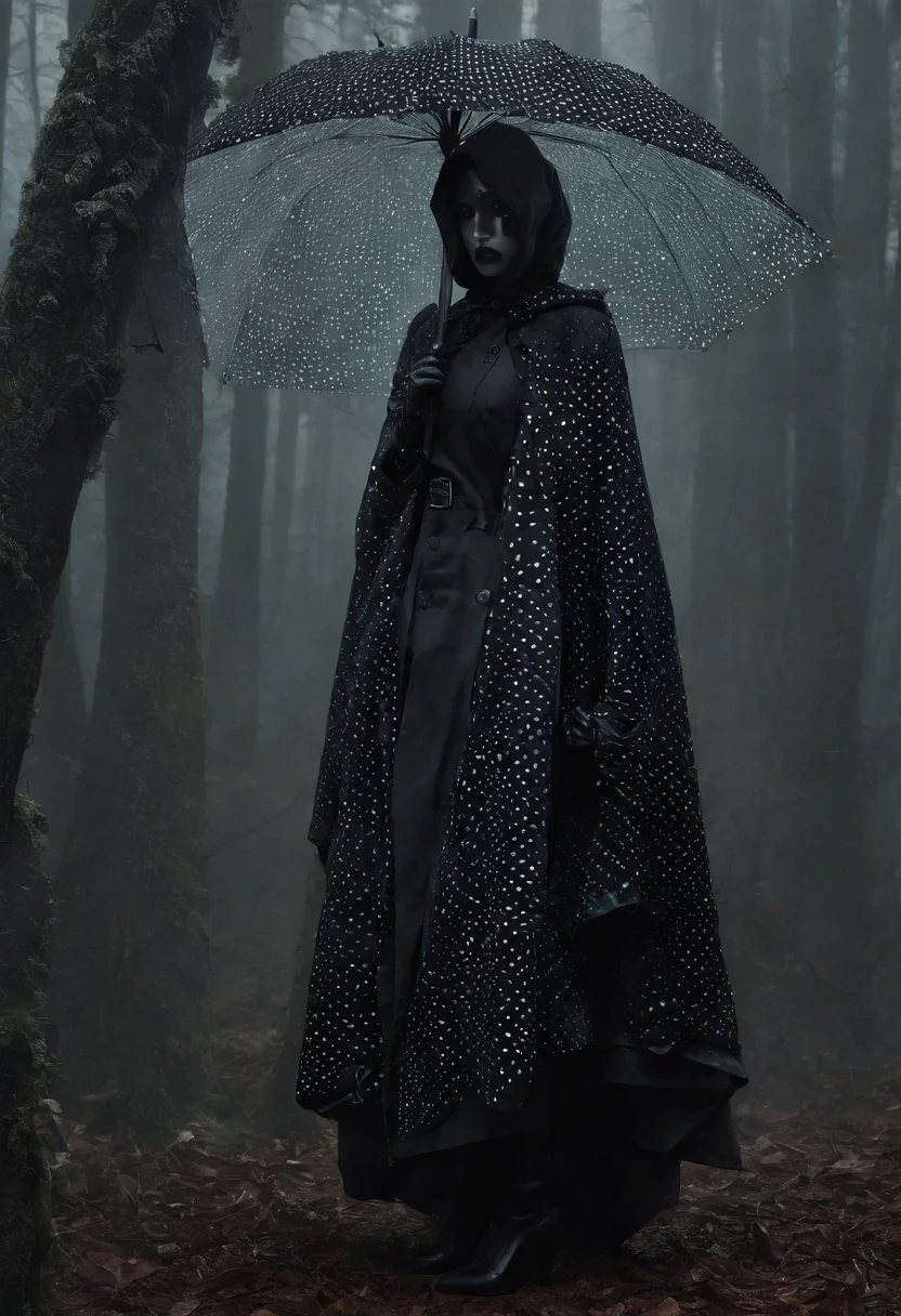 polkadot nazgul, motion, surrealist, umbrella, darkness, dark fantasy, dramatic light, by Aitor Throup, on foggy forest
