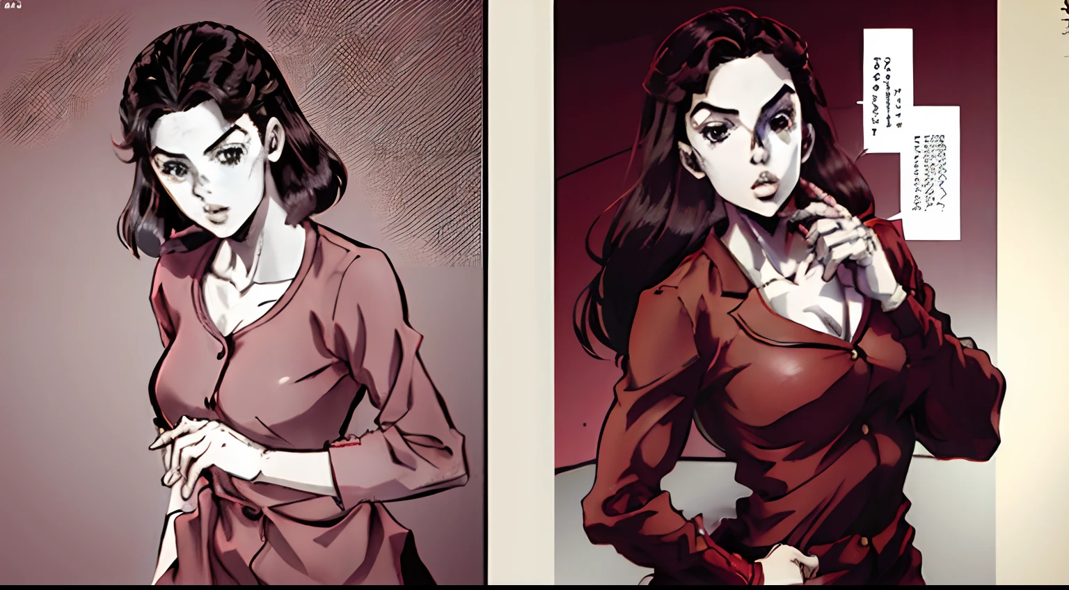 brunette woman, dark hair, bodybuilder in red clothes doing pose, araki hirohiko (style), 
monochrome,greyscale,comic