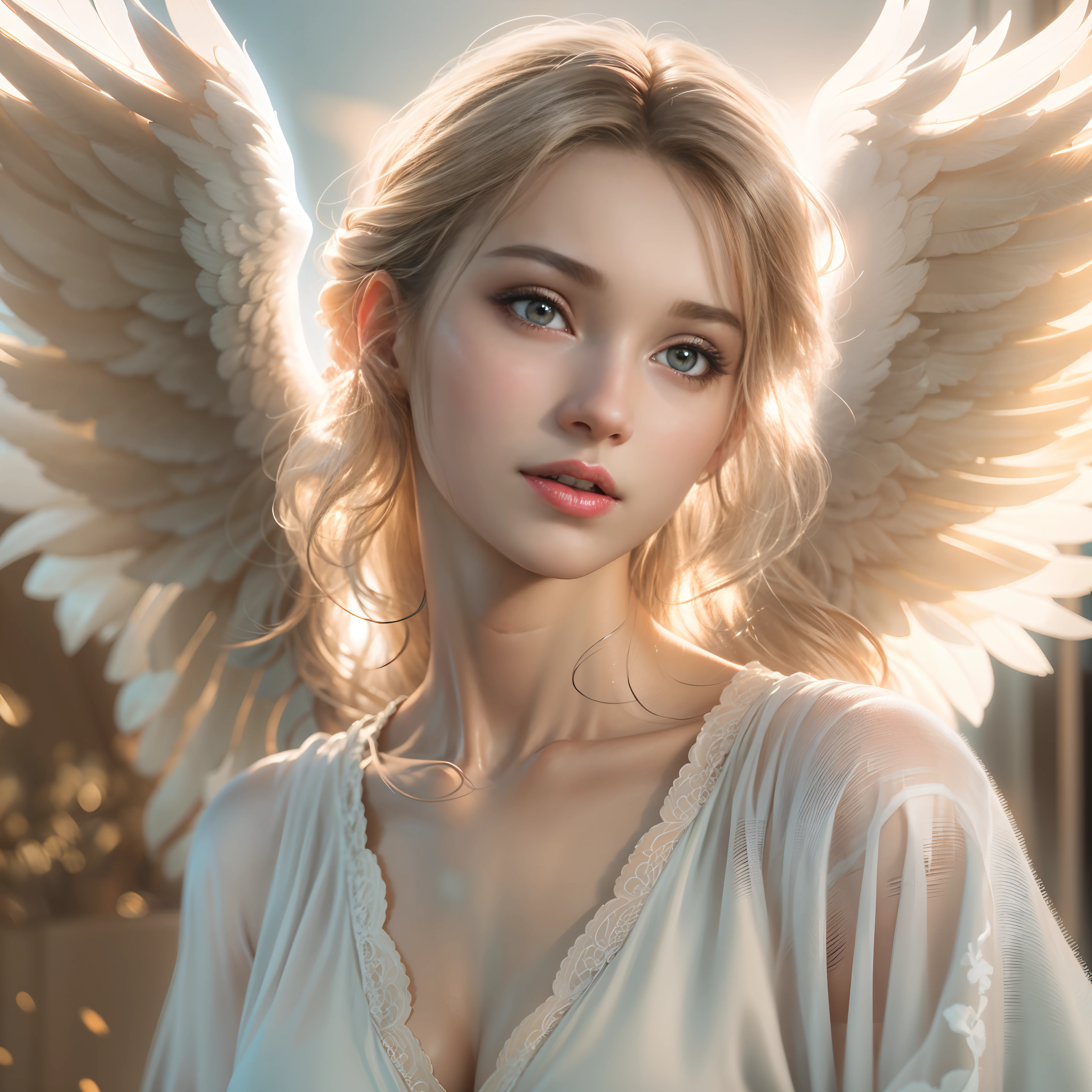 masterpiece, top quality, 8K, real person, realistic, very dense CG, shiny skin, fully focused, heaven, divine glory, radiant, angel, blessing, happiness,