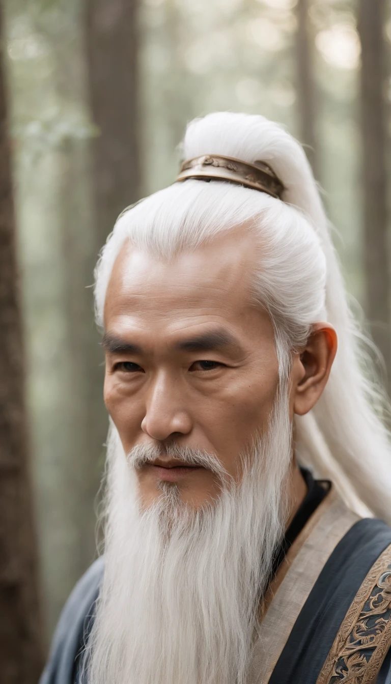 Describe the faces of the oriental immortals, Paint a picture of the skin with a bronze shade, bushy、Slender white beard, long white hair,A deep、Expressive eyes are full of wisdom, The overall appearance exudes wisdom and spirituality.The surrounding environment is misty forests and mountains。