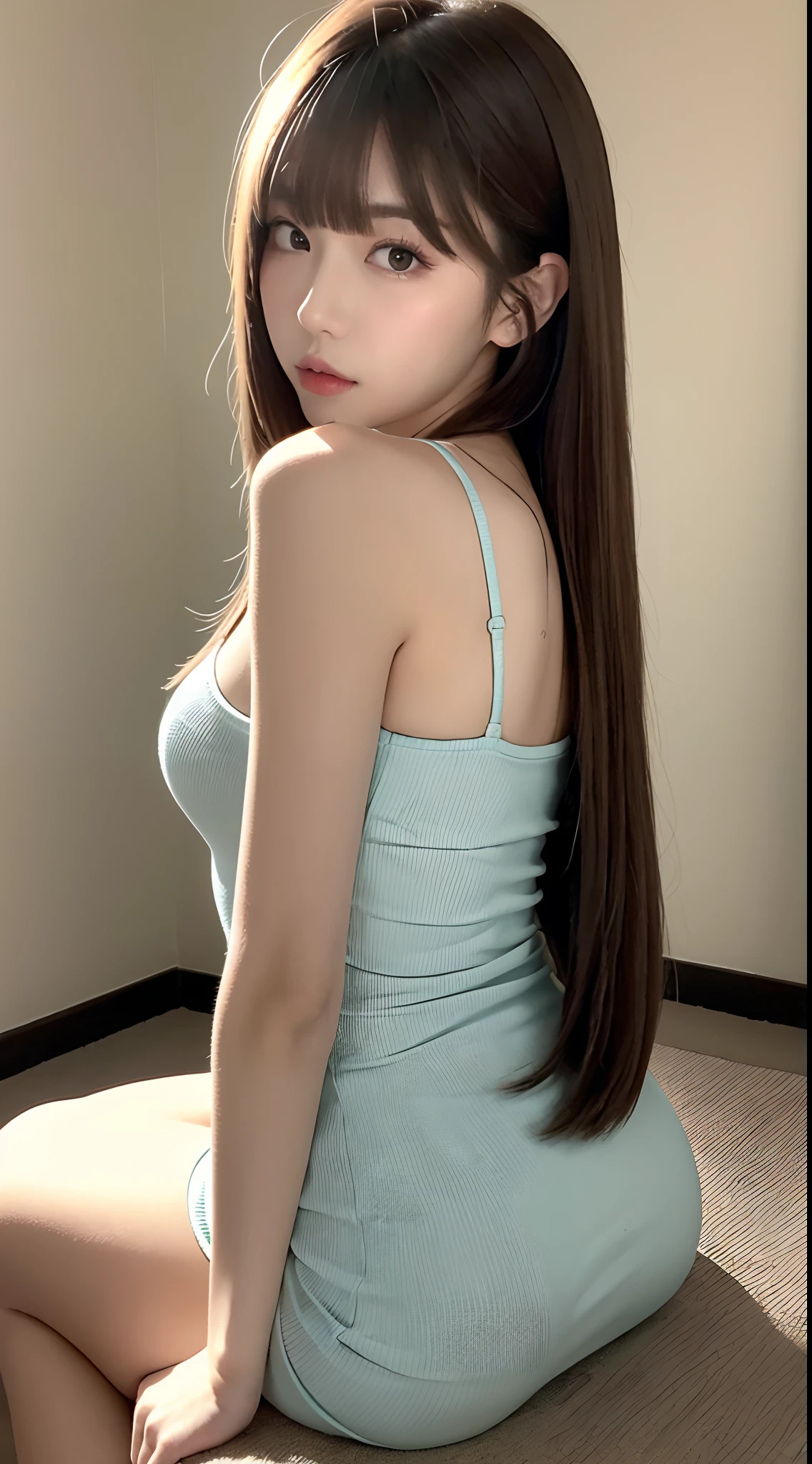 (Best Quality, 8K, masutepiece, Ultra HD: 1.3), 1girl in, smallunderboob, light brown hair, Blunt bangs, hair behind ear, hair over shoulder, Long hair,  slender body shape, Ultra Fine Face, Delicate lips, Beautiful eyes, Double eyelids, lipsticks,A gaze that invites you, Ultra-thin hands, Ultra-fine fingers, Tight Dress, beauty legs ,pumps.s Office、KPOP Idol Face，The viewer is the viewer's gaze