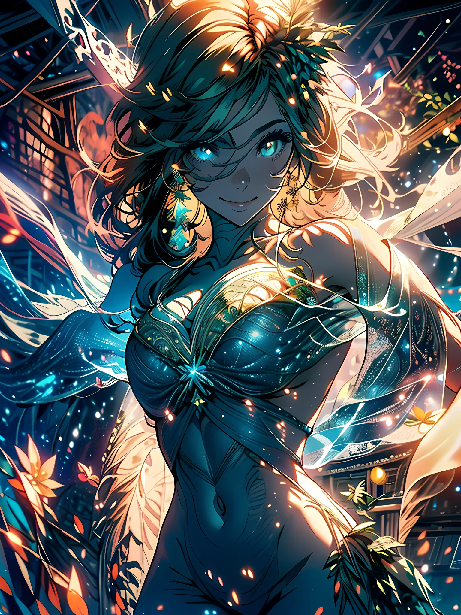 A naked girl with her entire body covered in plants, leaves and vines, plants and vines all over her body, Poison Ivy, medium breasts, long hair, sincere smile, imposing pose, yellow eyes, sculptural and curvy body, full body, BREAK, background forest with vines descending from forest trees, nature, field of vineyards, (ultra-realistic), {extremely detailed 8k CG unity wallpaper}, Expansive landscape photography, (a view from below that prioritizes the grandeur of the character, view expansive open field), (low angle shot), (high light: 1.5), (low light: 1.0), (warm light source: 1.0), complex details, (iridescent colors: 1 ,5), (bright lighting), (atmospheric lighting), dreamy, magical, special