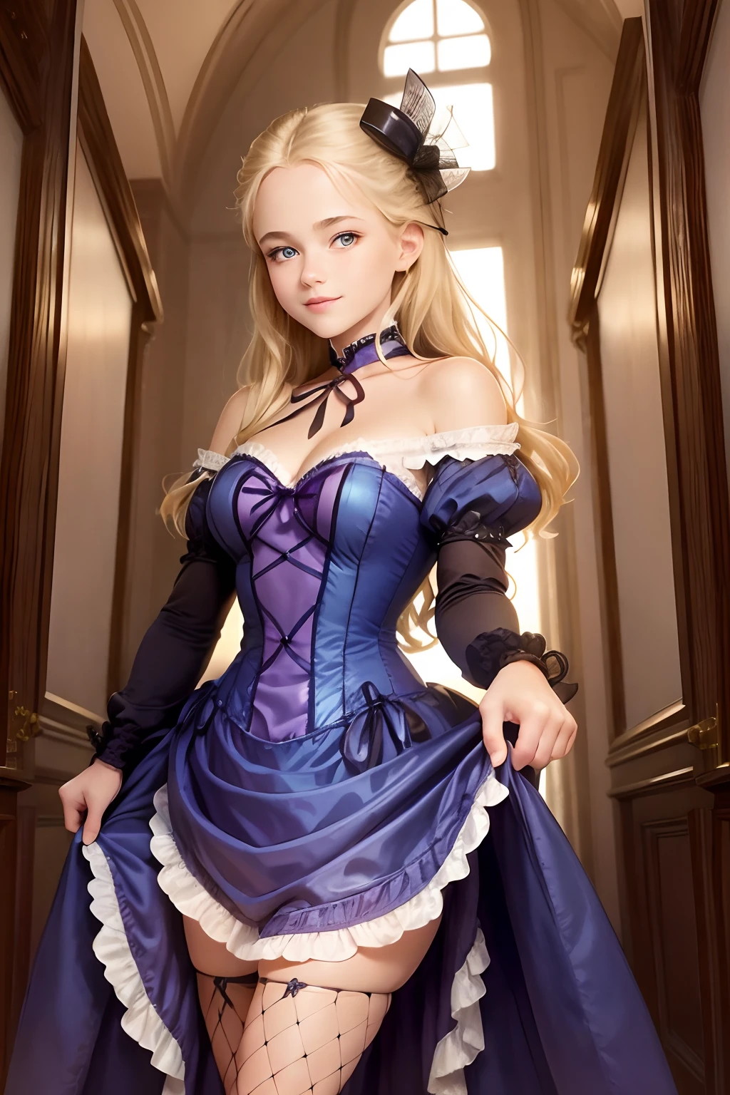 village realisticlying、Virginia Otis -yeld ble hair blue eyes、City of victorian age, Europe. aristocrat girl、Looking up from below、 wear long sleeve sheer fabric dress、Various dynamic sexy poses、Face smile、cute face, Depicts the whole body、