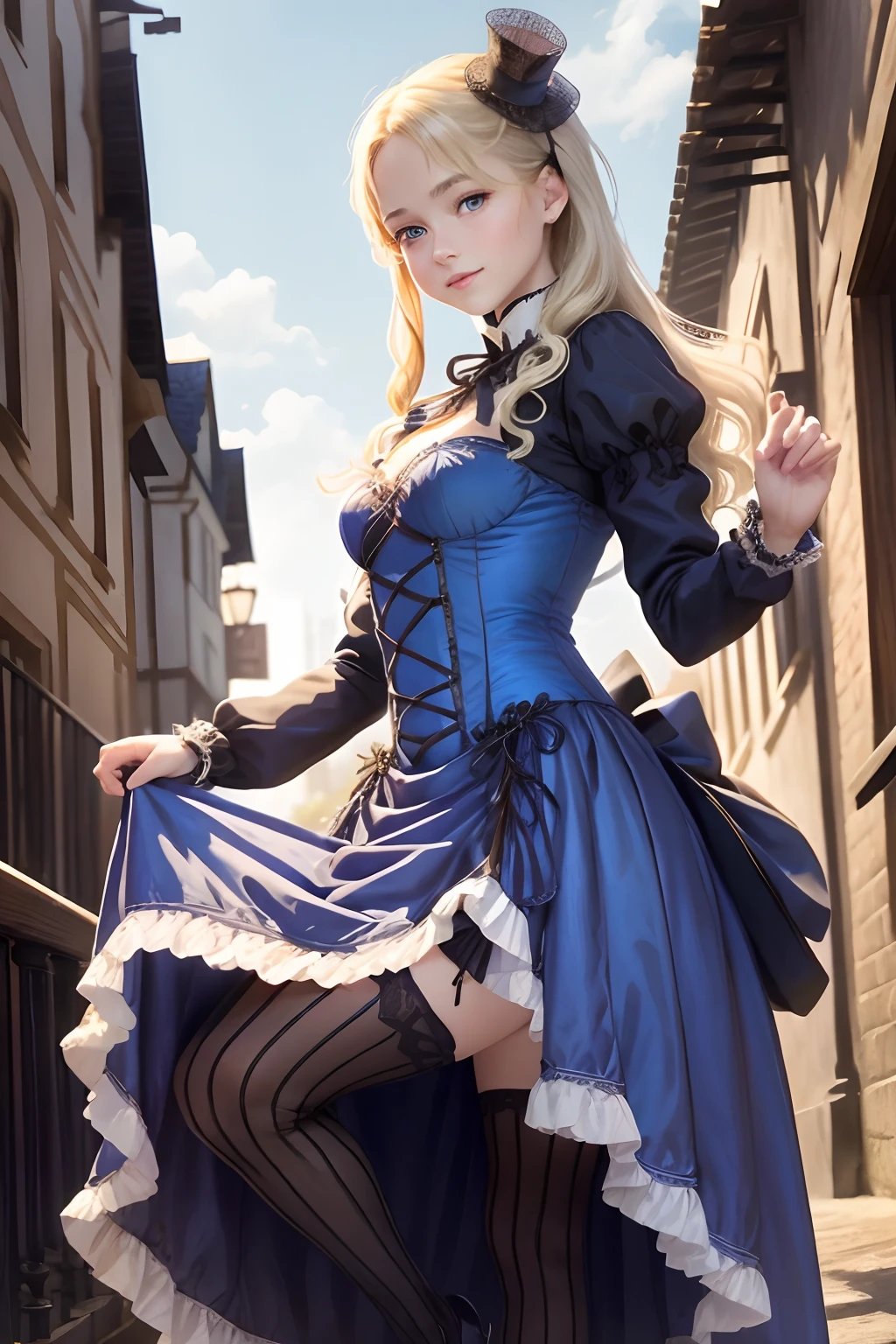 village realisticlying、Virginia Otis -yeld ble hair blue eyes、City of victorian age, Europe. aristocrat girl、Looking up from below、 wear long sleeve sheer fabric dress、Various dynamic sexy poses、Face smile、cute face, Depicts the whole body、