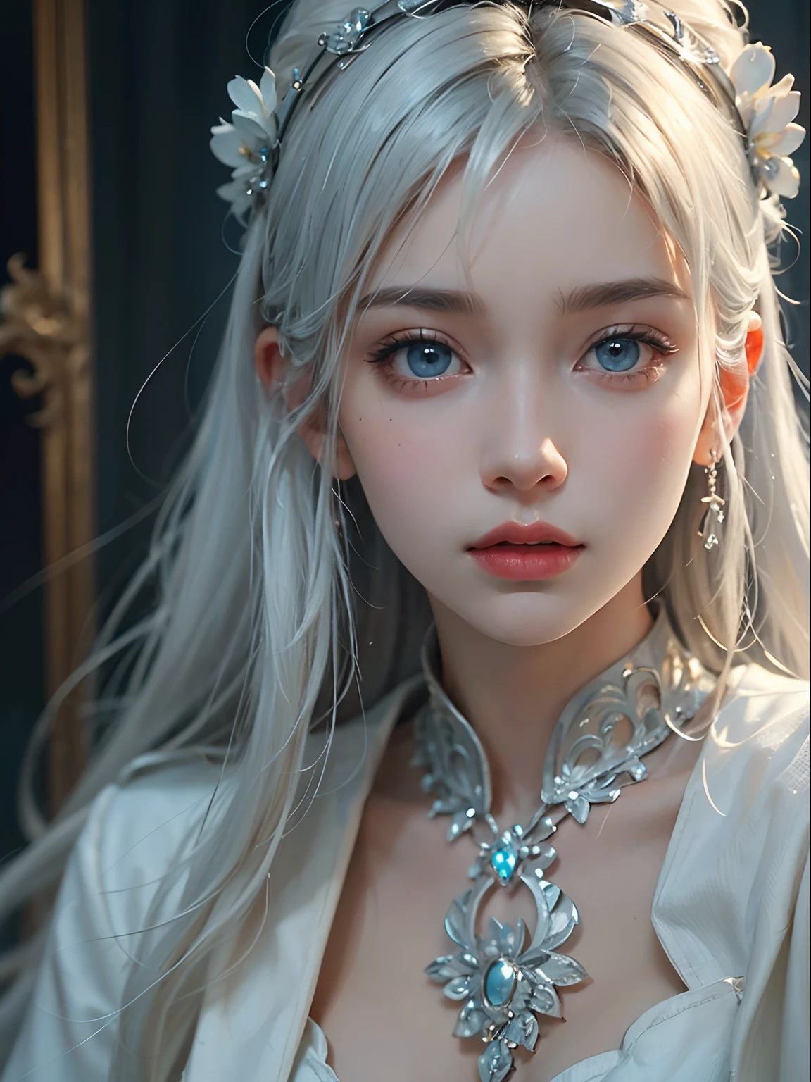 (Dynamic poses) 1beautiful girl, white hair, angelic, cute, childish, chubby cheeks, blue eyes, long silver straight hair with bangs, white robe, intricate ornaments, realistic, dynamic angles, cinematic lighting, trending on ArtStation, by Irakli Nadar, Greg Rutkowski,(((best quality))),(((ultra detailed))),(((masterpiece)))