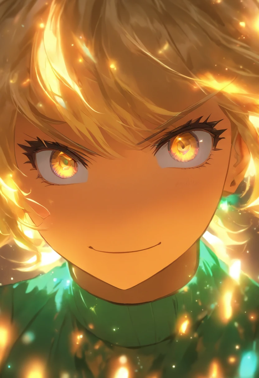 blonde hair, short hair, swept bangs, bead necklace, glowing eyes, hoop earrings, sad smile, anime, depth of field, bloom, ccurate, high details