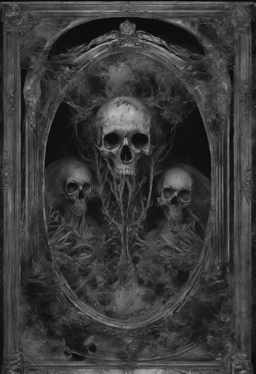 (nighttime scene), Horror, haunted, dead body, skulls, Images depicting hell, Necrotic bacteria, Image style painting, Realistic, Shadows, HD, High quality, Cinematic