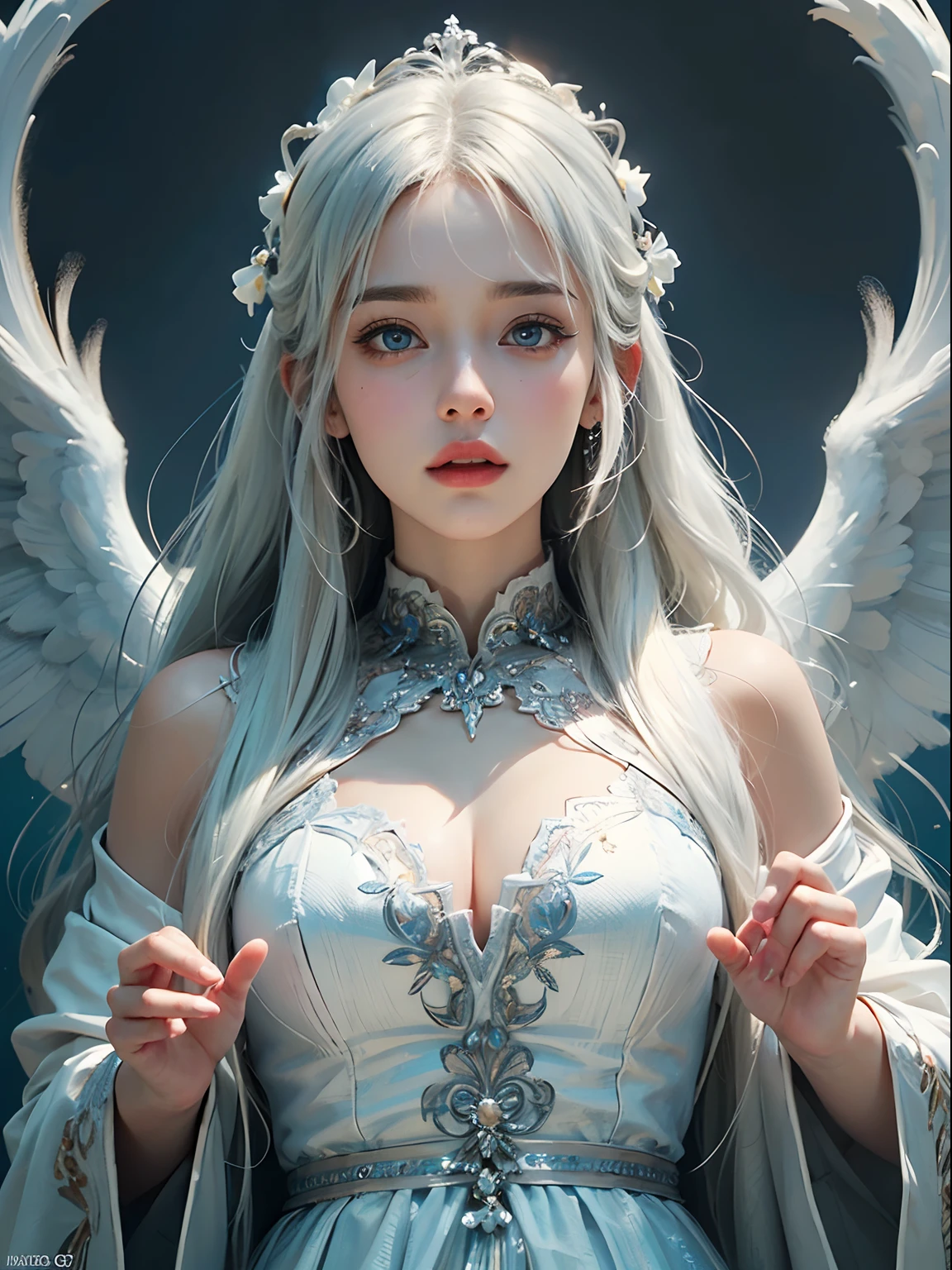 (Dynamic poses) 1beautiful girl, white hair, angelic, cute, childish, chubby cheeks, blue eyes, long silver straight hair with bangs, white robe, intricate ornaments, realistic, dynamic angles, cinematic lighting, trending on ArtStation, by Irakli Nadar, Greg Rutkowski，(((best quality))),(((ultra detailed))),(((masterpiece)))