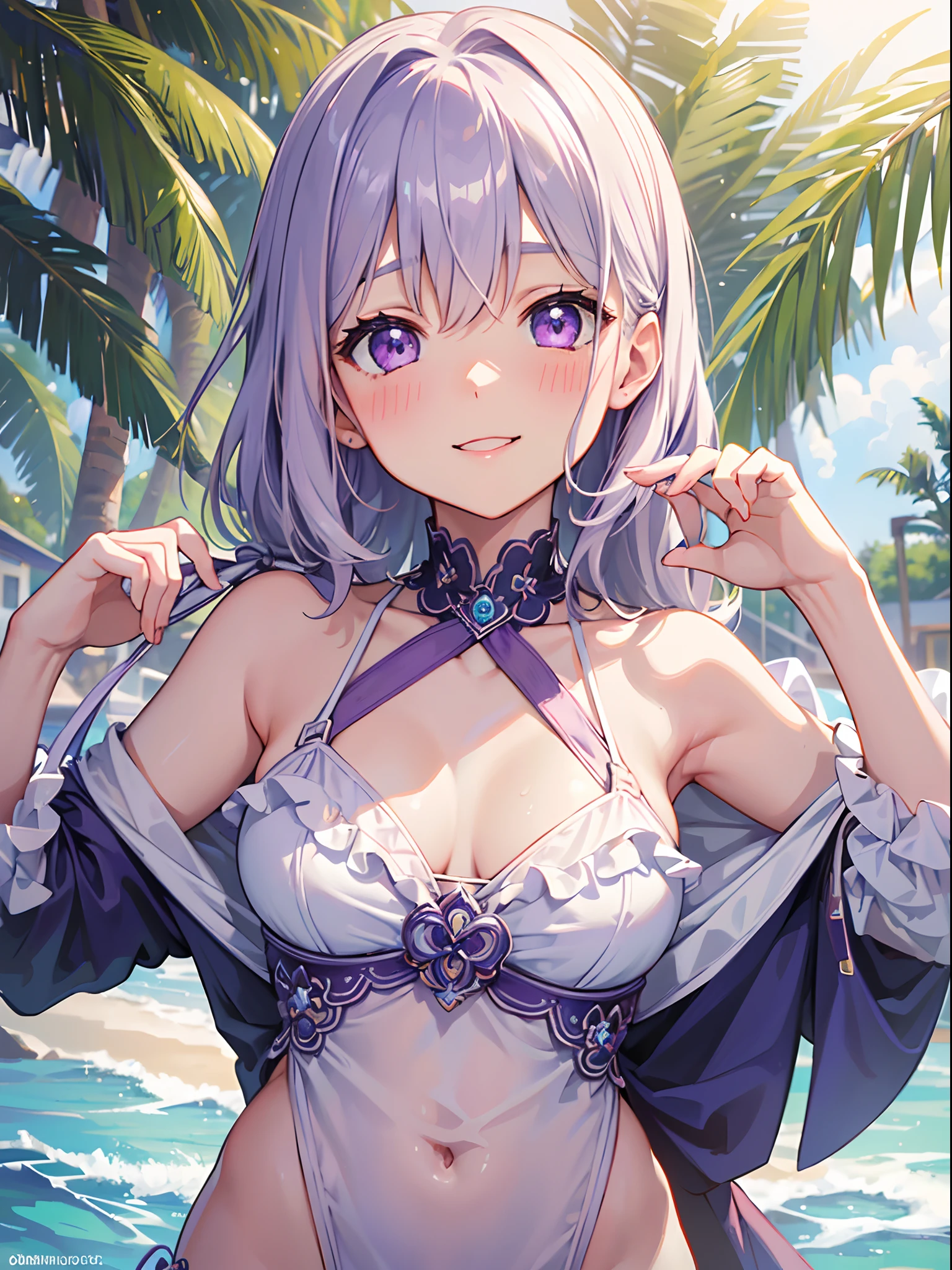 ((4K, master piece, Best Quality)), 1girl in, Silver medium hair, Light purple eyes, Cute, blush, medium breasts, swimsuit, summer smile