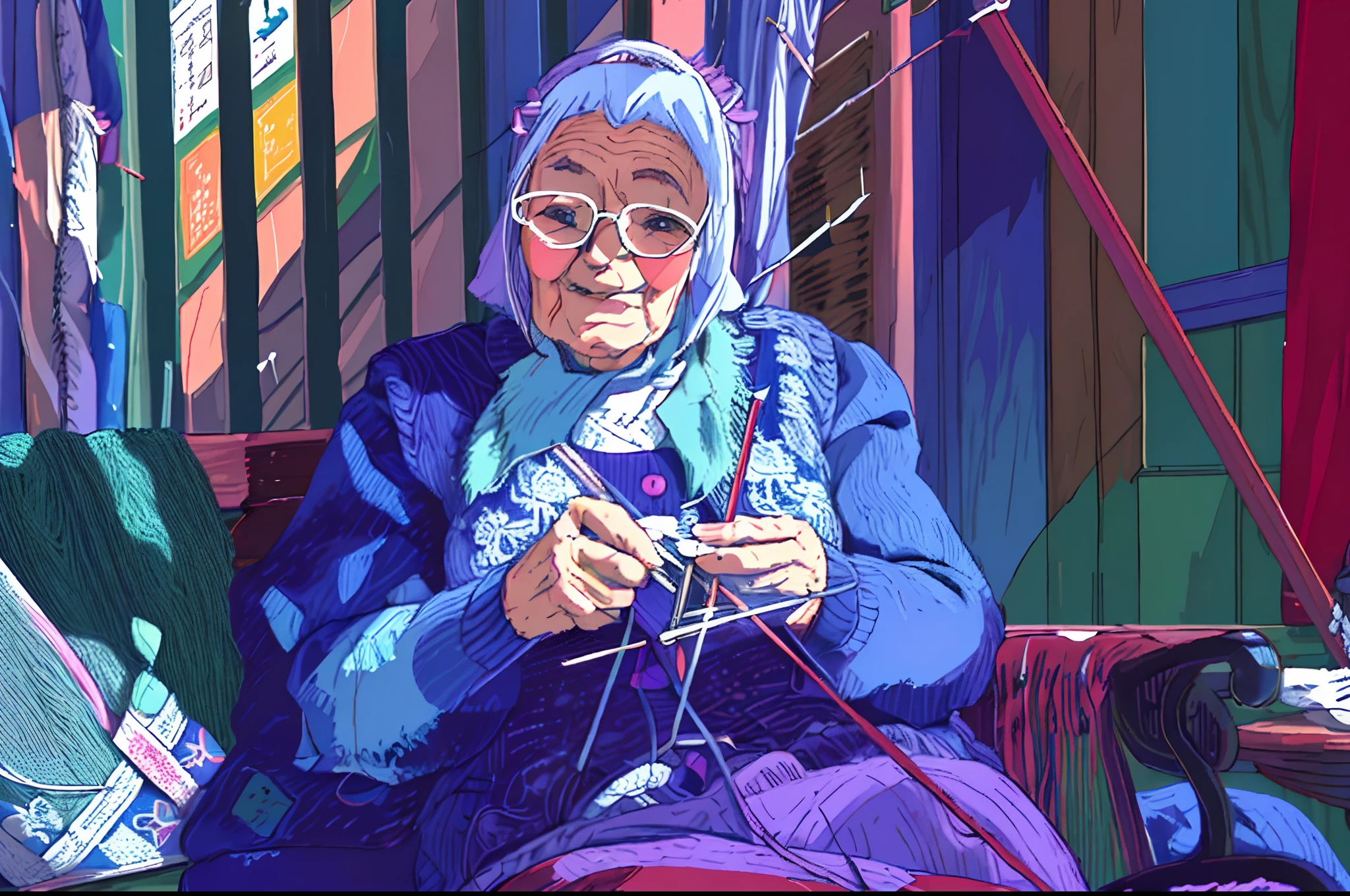 an old woman sitting on a bench with a bunch of needles, there is a woman sitting at a table and knitting with needles, a still of a happy, knitting older woman, knitting old lady, old woman, anime line art, anime style