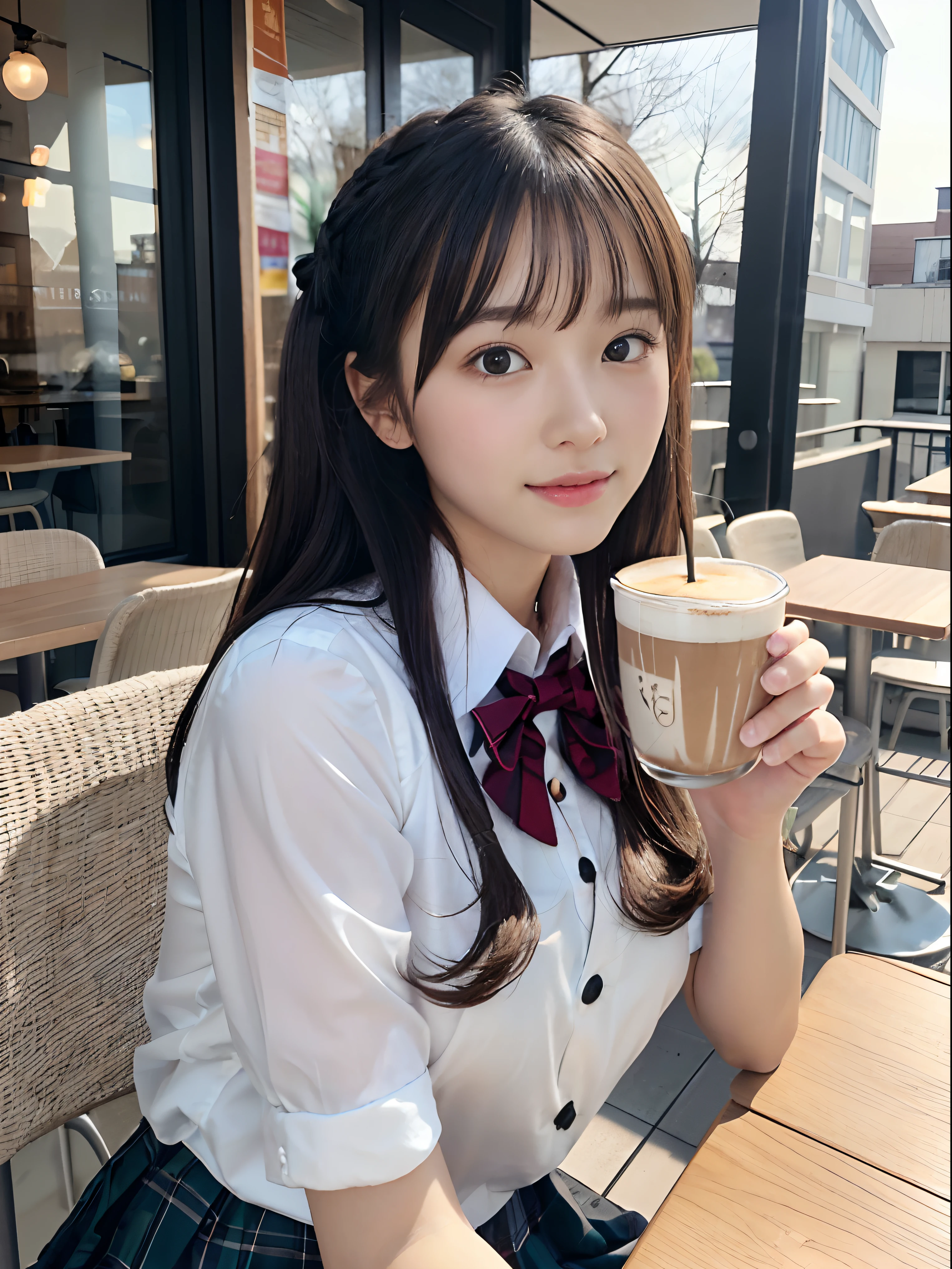 (Close up portrait of two girl with slender small breasts and twin-tailed hair in winter school uniform:1.5)、(Girl sitting on chair and drinking latte on café terrace:1.3)、(Open terrace of the café :1.3)、(Perfect Anatomy:1.3)、(complete hands:1.3)、(complete fingers:1.3)、Photorealsitic、Raw photography、masutepiece、top-quality、hight resolution、delicate and pretty、face perfect、Beautiful detailed eyes、Fair skin、Real Human Skin、pores、((thin legs))、(Dark hair)