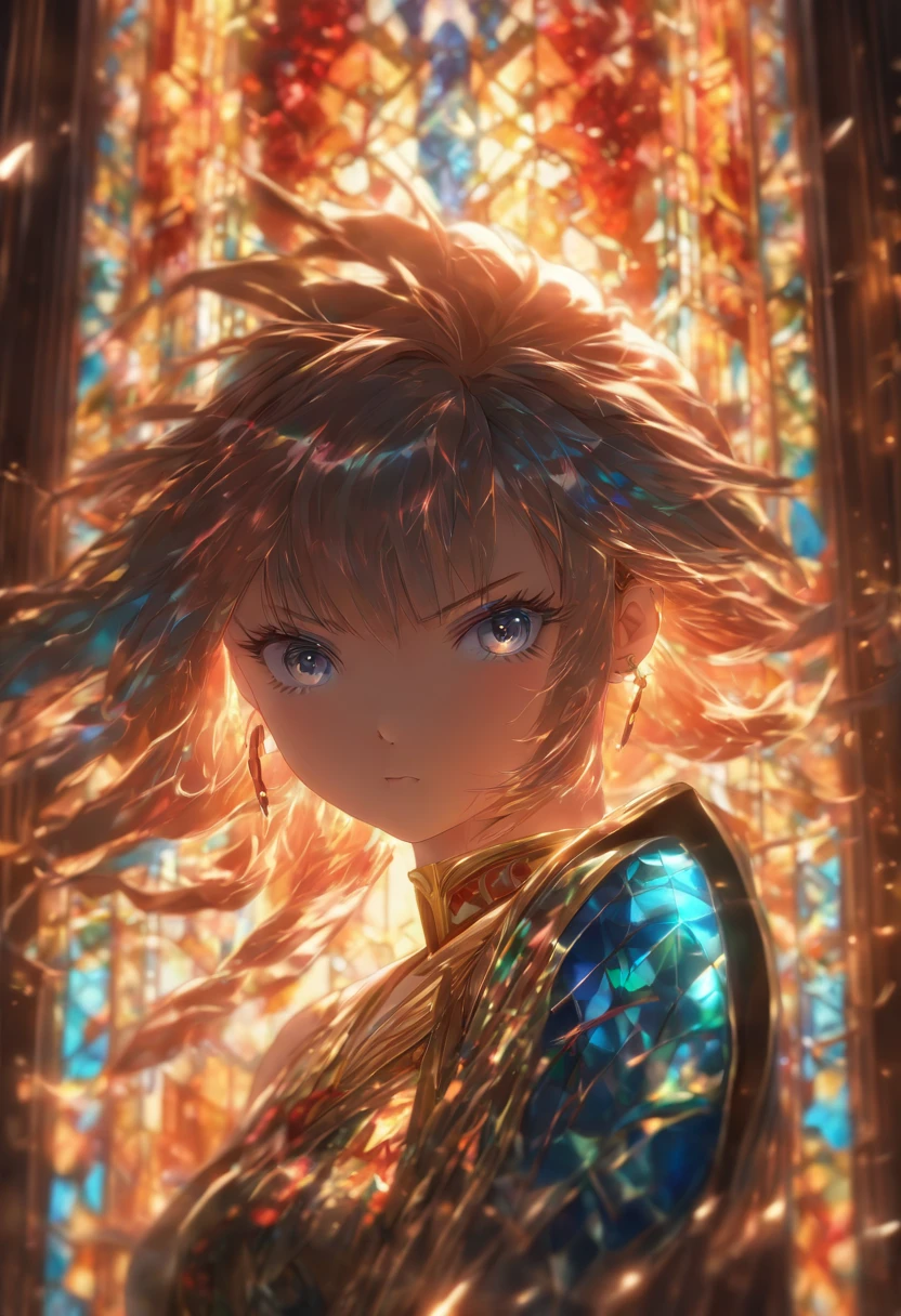 (Masterpiece, Top Quality, Best Quality,official arts, beautiful and aesthetic:1.2),(1girl:1.3), 1girl BREAK stained glass art, colored glass, leading lines, light transmission BREAK bright colors, intricate designs, light effects, Spiritual atmosphere