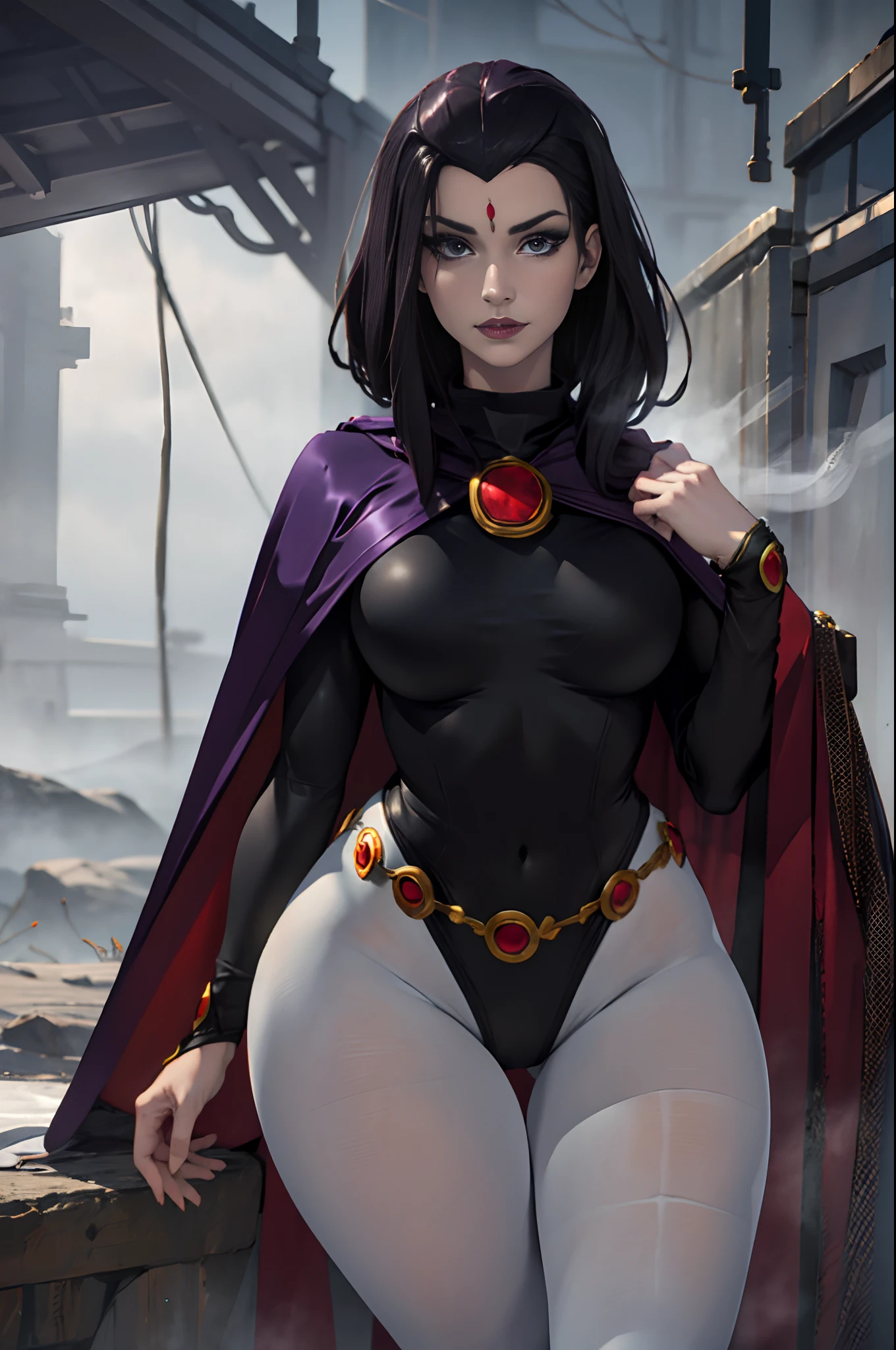 enji night as 1girl, cowboy shot of raven cosplay, pale skin, black leotard, turtleneck, tights, large sexy hips, cape,  gold belt, jewels, medallion, athletic, looking at viewer, mist, fog, volumetric lighting, best quality, masterpiece, intricate details, sharp focus, realistic