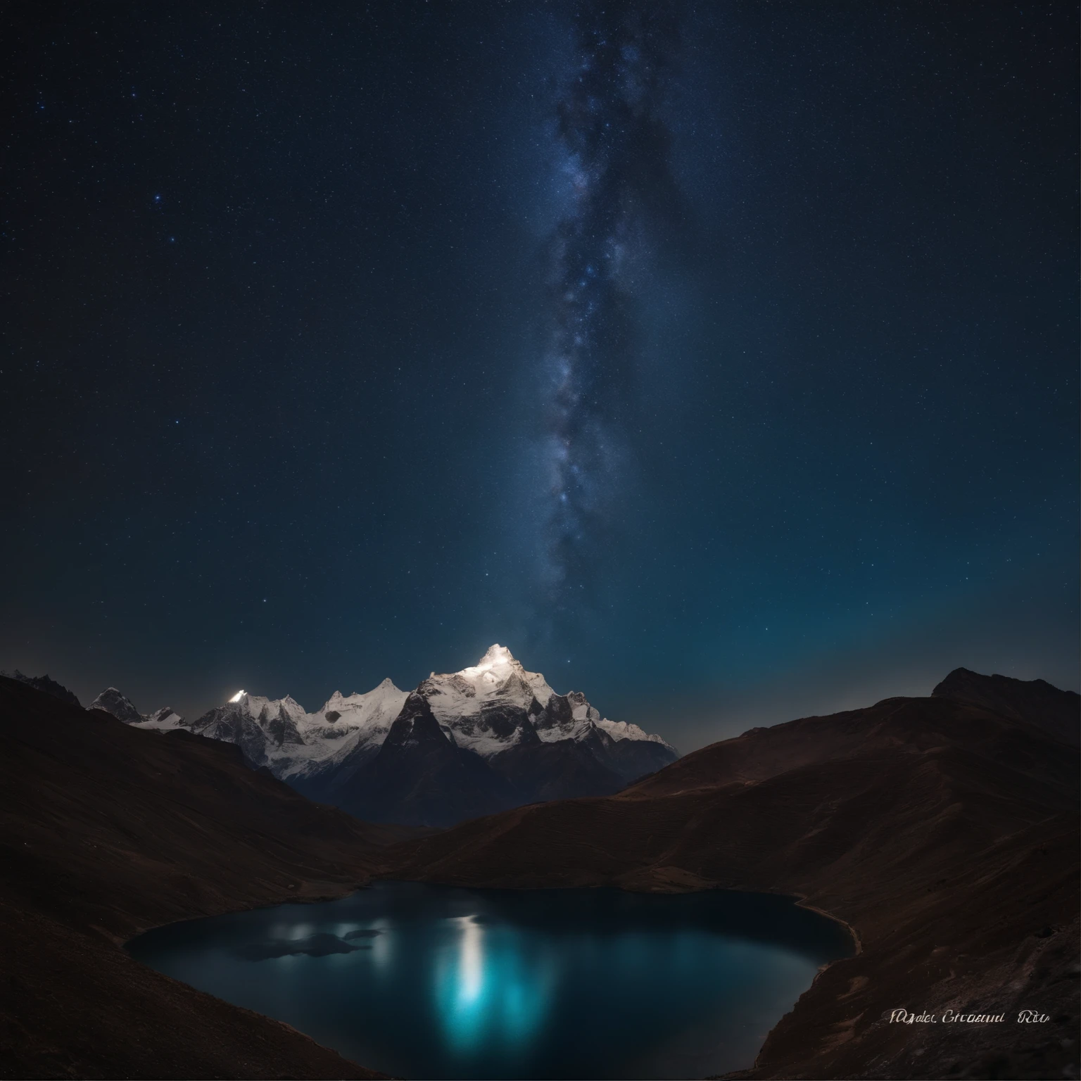 Master Parts、Superior Quality、superior image quality、The 8k quality、Beautiful pictures of the starry sky、magnifica、Arched Milky Way:1.9、Himalayas、Blue glowing lake:1.9