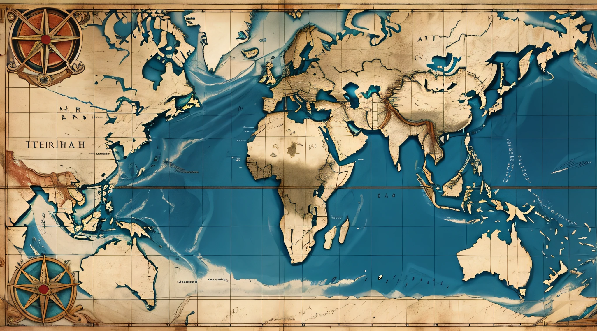 Show an ancient, weathered map with the Bermuda Triangle marked.