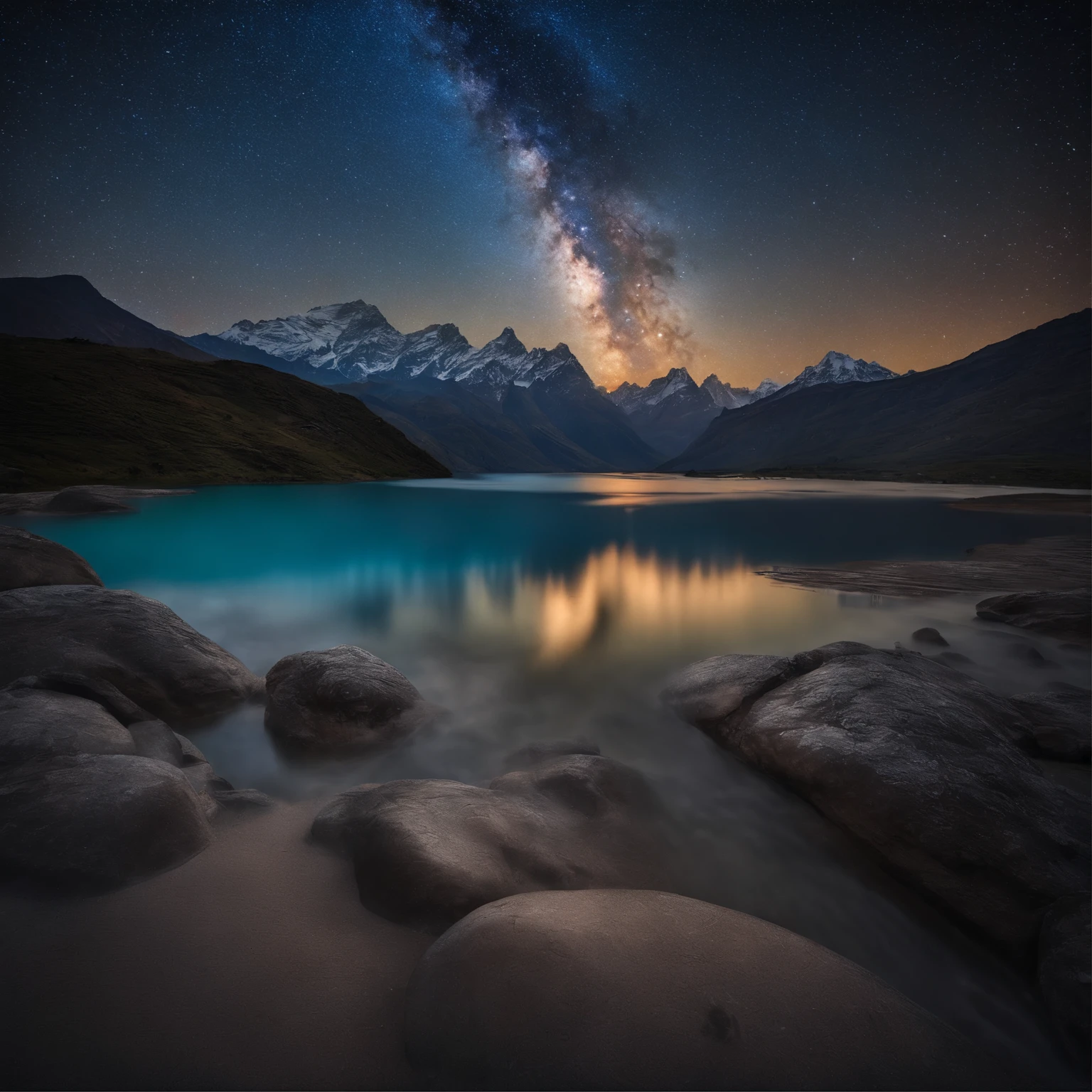 Master Parts、Superior Quality、superior image quality、The 8k quality、Beautiful pictures of the starry sky、magnifica、Arched Milky Way:1.9、Himalayas、Blue glowing lake:1.9