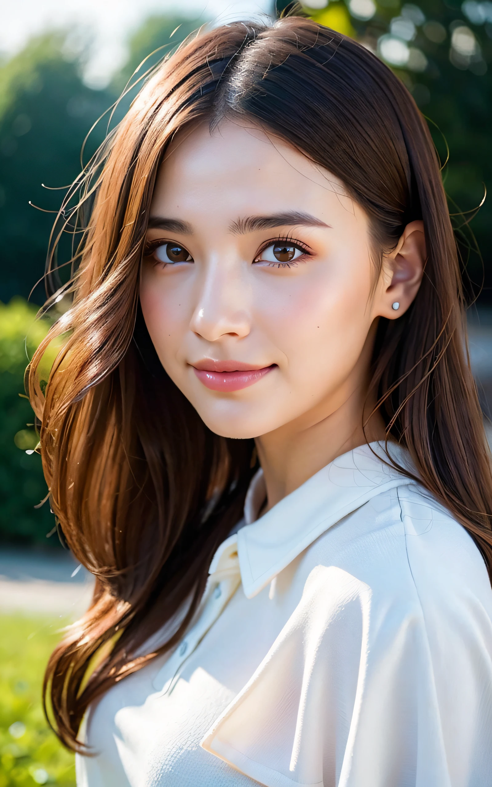 masterpiece, Best Quality, 8K, 1girl, Correct human hands, correct human fingers, 14 yo, face closeup, Cute, Girly, Delicate girl, Neat and clean beauty, medium breast, smile, luminescence, Looking away, Raw photo, F/1.8, 135 mm, NIKON, Anatomically correct, bokeh,Textured skin, Professional Photography, Portrait, Soft light, Professional Lighting, back light, Film grain, (Eyes and faces with detailed:1.0), brown hair, medium hair swaying in the wind, bangs, bell sleeve blouse