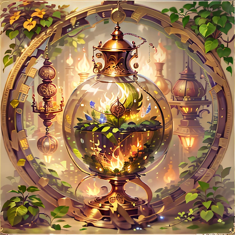MAGIC HOURGLASS WITH WATER ELEMENTS, TERRA, FIRE AND AIR in the medieval alchemy style