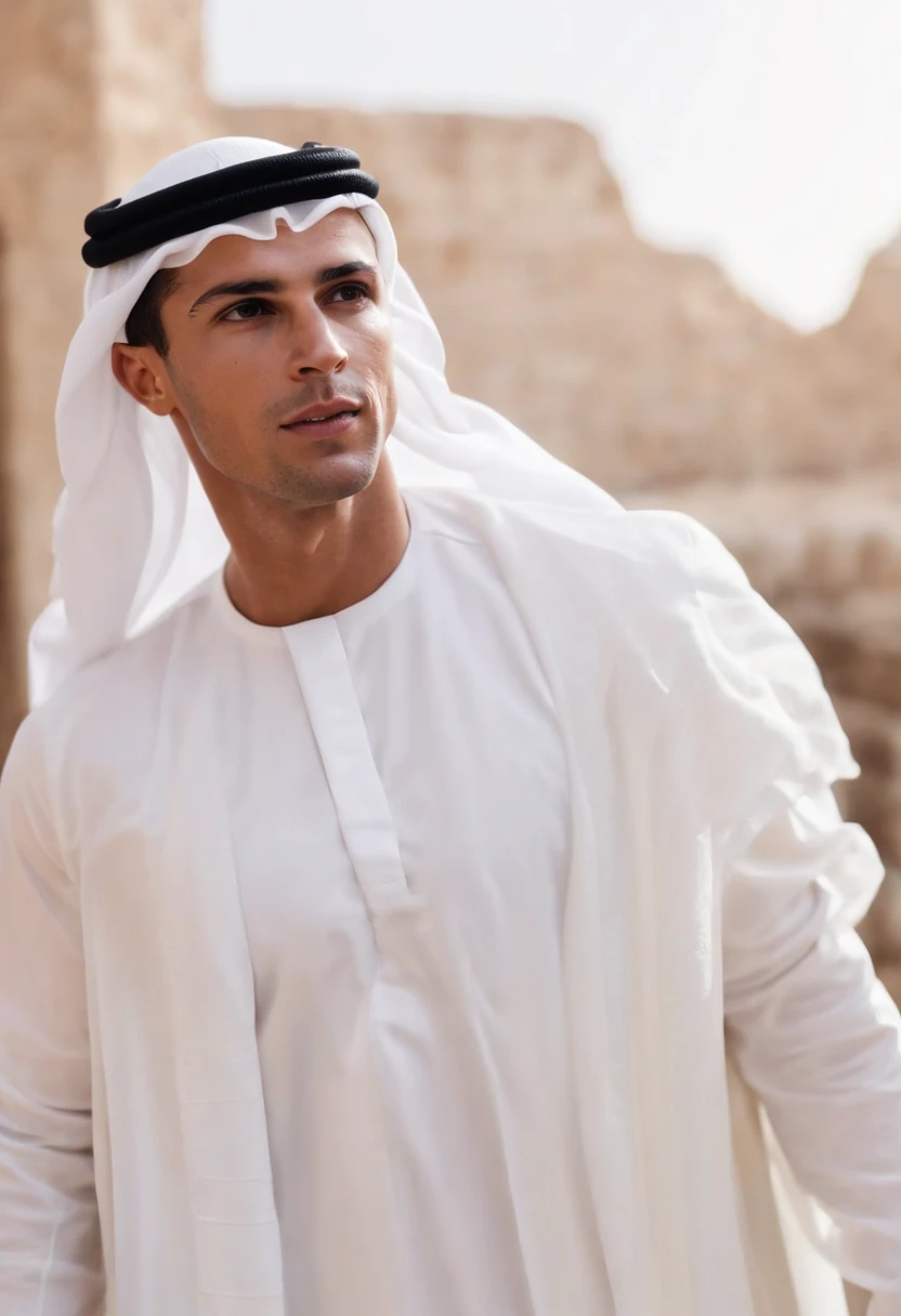 Cristiano Ronaldo dressed up as sheikh , arab modern style buildings ,arab modern style buildings railings,Multiple arab sheikhs from multiple luxury arab attire,dignity,thobe on head,Royalty style,Art style,(The theme is Cristiano Ronaldo)