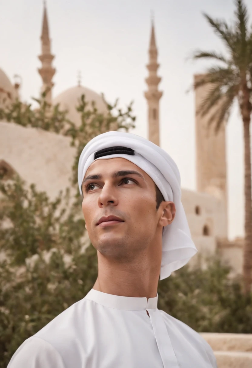 Cristiano Ronaldo dressed up as sheikh , arab modern style buildings ,arab modern style buildings railings,Multiple arab sheikhs from multiple luxury arab attire,dignity,thobe on head,Royalty style,Art style,(The theme is Cristiano Ronaldo)