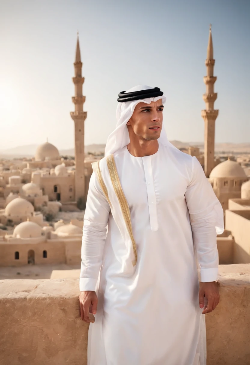 Foto realista, homem branco, not high, looks directly at camera, arabic clothing dress, fundo no deserto bonito em dubai