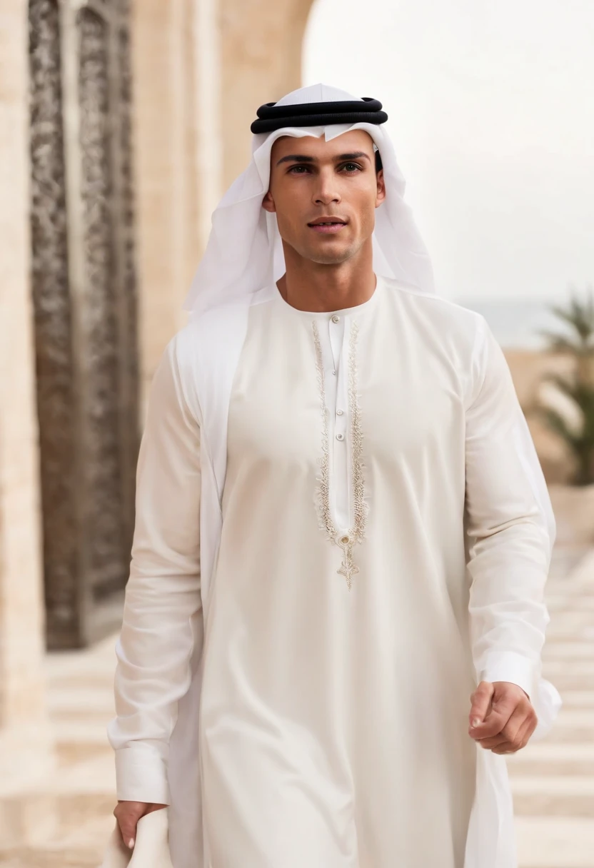 Cristiano Ronaldo dressed up as sheikh , arab modern style buildings ,arab modern style buildings railings,Multiple arab sheikhs from multiple luxury arab attire,dignity,thobe on head,Royalty style,Art style,(The theme is Cristiano Ronaldo)