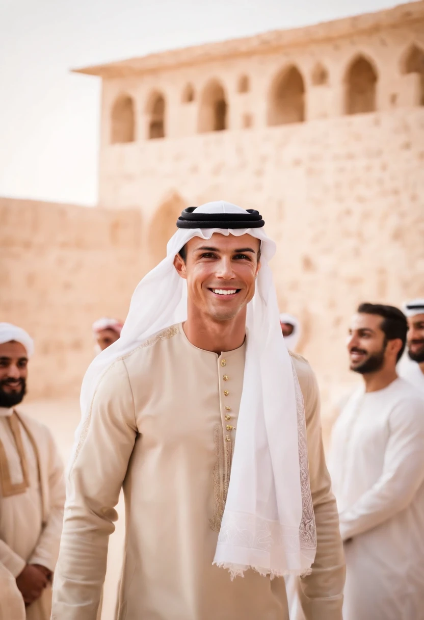 (Cristiano Ronaldo) smiling (dressed up as a sheikh: 0.9 , standing among his arab friend, best detailed face and sheikh dress, day light, bouque lights, (never seen quality before )