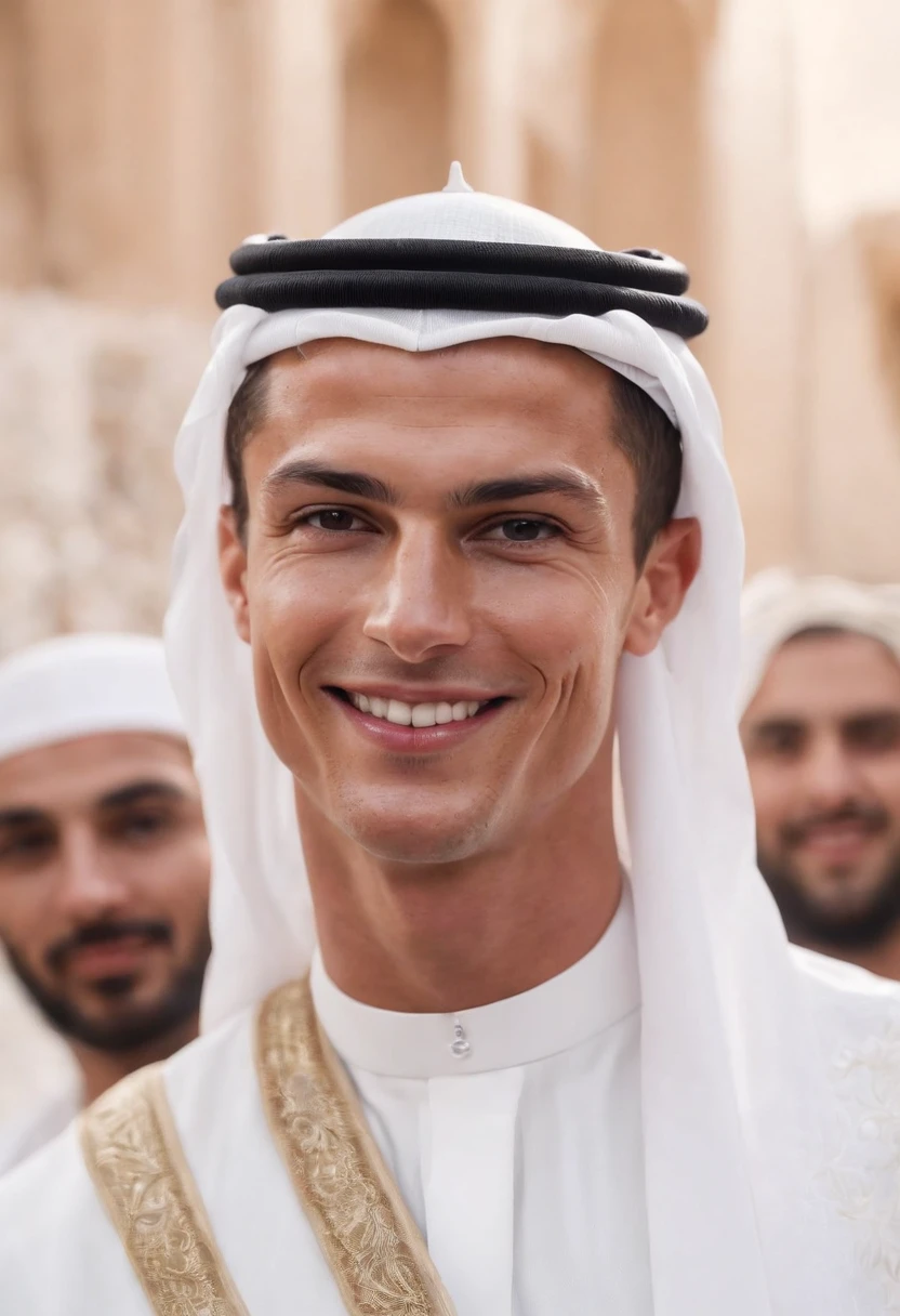 (Cristiano Ronaldo) smiling (dressed up as a sheikh: 0.9 , standing among his arab friend, best detailed face and sheikh dress, day light, bouque lights, (never seen quality before )