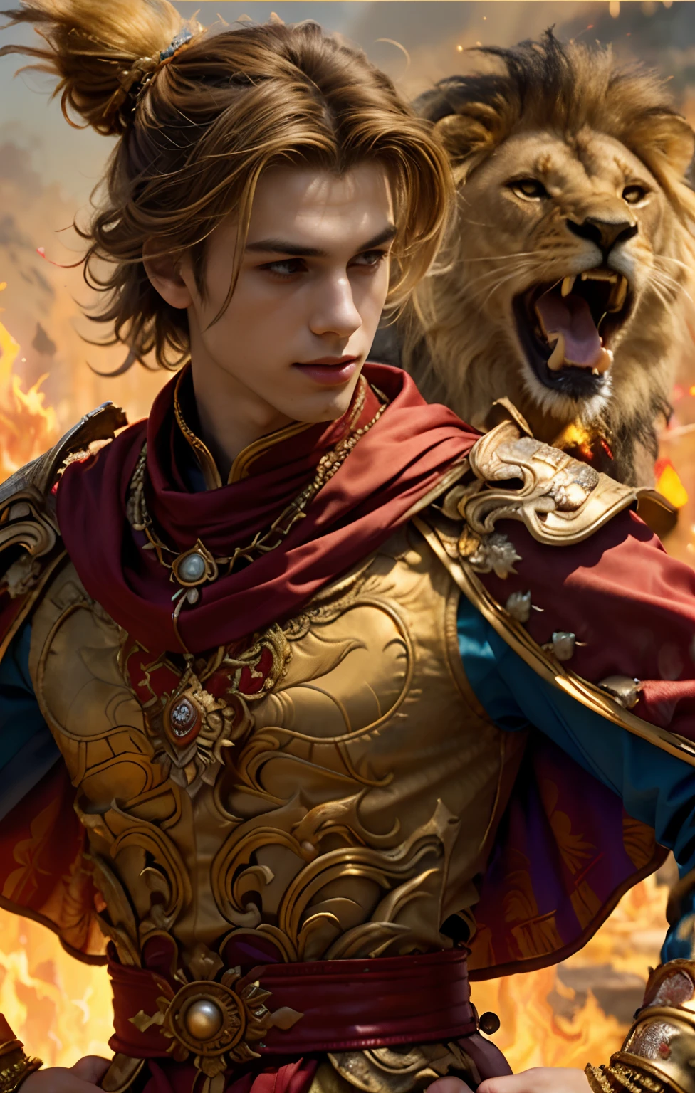 (1male) , The young man of the sun god looks interesting..............((Standing next to a lion)).,,Against the backdrop of flames and sun. (Updo crimson:1.2),(Medium Full Shot) ,Put on a necklace....,Wearing full body armor.....,slight smile, (Red inner leather jacket)(Ruby Red Armor 1.1) And a red robe......................,(Red long scarf) (capes:1.2) Royal style family (embroidery:0.5) (Medium length hairstyles, blonde)., skinny (Gorket Luckcart Poldron :1.3), (The lion symbol on the armor), (masterpiece:1.2) (illustration:1.1) (bestquality:1.2) (Detailed) (intricate) (10) (HDR) (wallpaper) (Cinematic lighting) (crisp focus), Linewichit Style