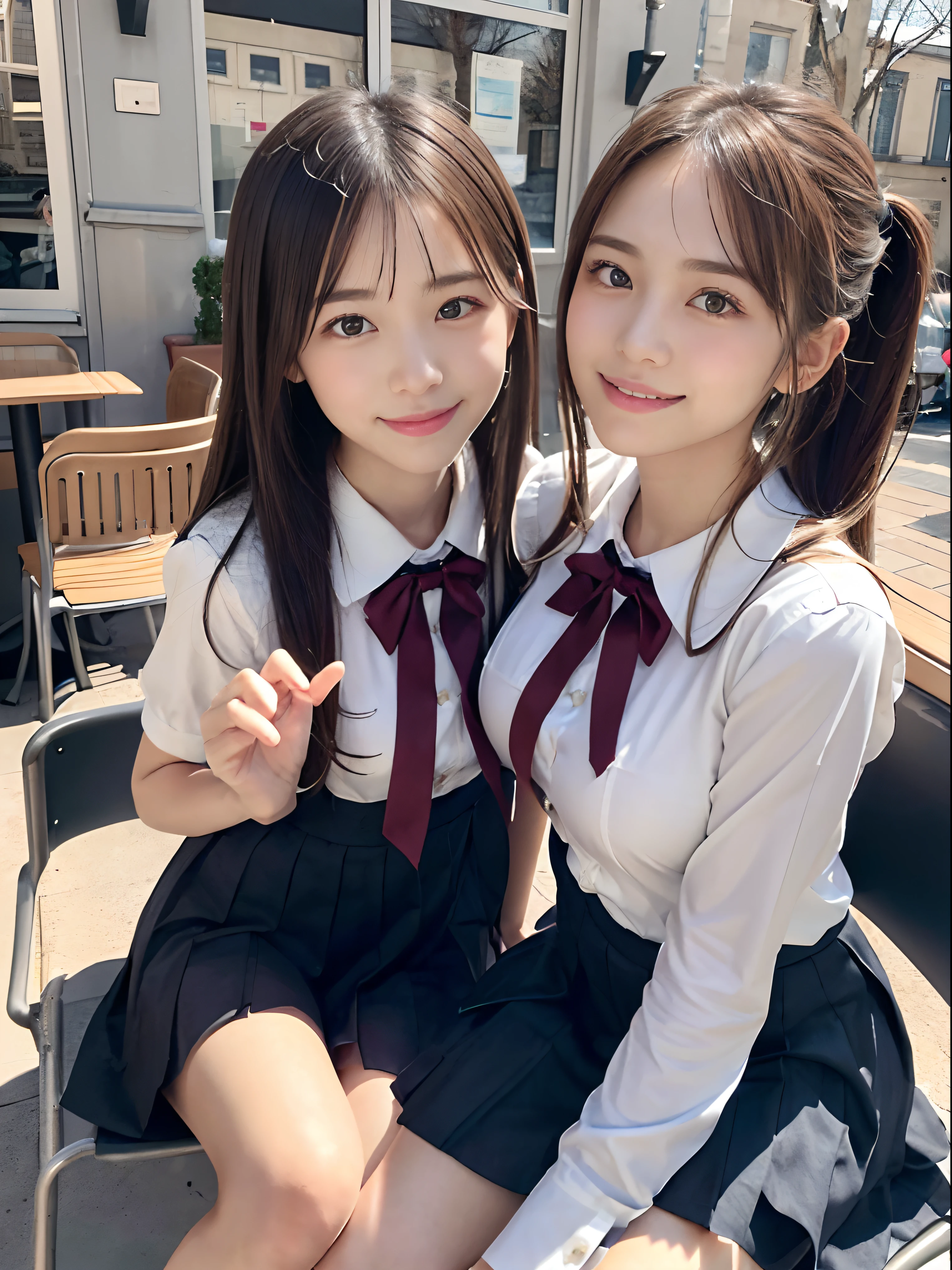 (Close up portrait of two girl with slender small breasts and twin-tailed hair in winter school uniform:1.5)、(Two girl sitting on chair and drinking latte on café terrace:1.3)、(Open terrace of the café :1.3)、(Perfect Anatomy:1.3)、(complete hands:1.3)、(complete fingers:1.3)、Photorealsitic、Raw photography、masutepiece、top-quality、hight resolution、delicate and pretty、face perfect、Beautiful detailed eyes、Fair skin、Real Human Skin、pores、((thin legs))、(Dark hair)