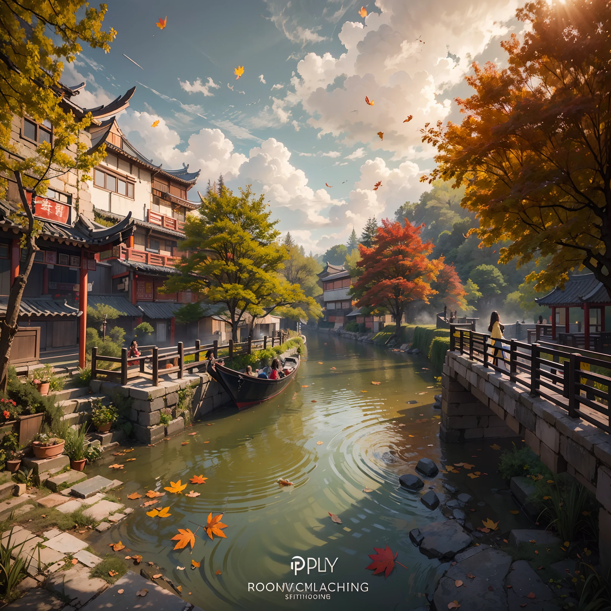in a panoramic view,photorealestic,16k,scenecy,detail-rich,fall season,Sunset,Beautiful burning clouds in the sky,Red maple leaves flutter in the air,Beautiful riverbank,The river glows golden,The fish jumps out of the water,The shore is rich in vegetation,Beautiful Chinese riverside town,Beautiful women dressed in traditional Chinese costumes pass by,ssmile,Enjoy the view,Use Pixai to bring powerful AI models to life, Show the limitless creativity and possibilities of our imagination. Experience the future of the cityscape at Pixai,Immerse yourself in a visionary world of art,professinal,Meistwick,commissioned,best qualtiy,color corrected,After fixation,Retouching,Improvement,Epic,Tone-mapping,the detail, highly detailed, digitial painting, art stations, Conceptual map of the long dam, Smoothness, Sharp focus, Beautiful illustration, photore, The light from the back window is backlighted, 动态照明, Mist, 复杂, cinematic grain, professinal, face to the viewer,(Beautiful m3d_woman, Perfect M3D_face,), Volumetriclighting, subsurfacescattering, Good highlights, Good shadows, cinematic ligh