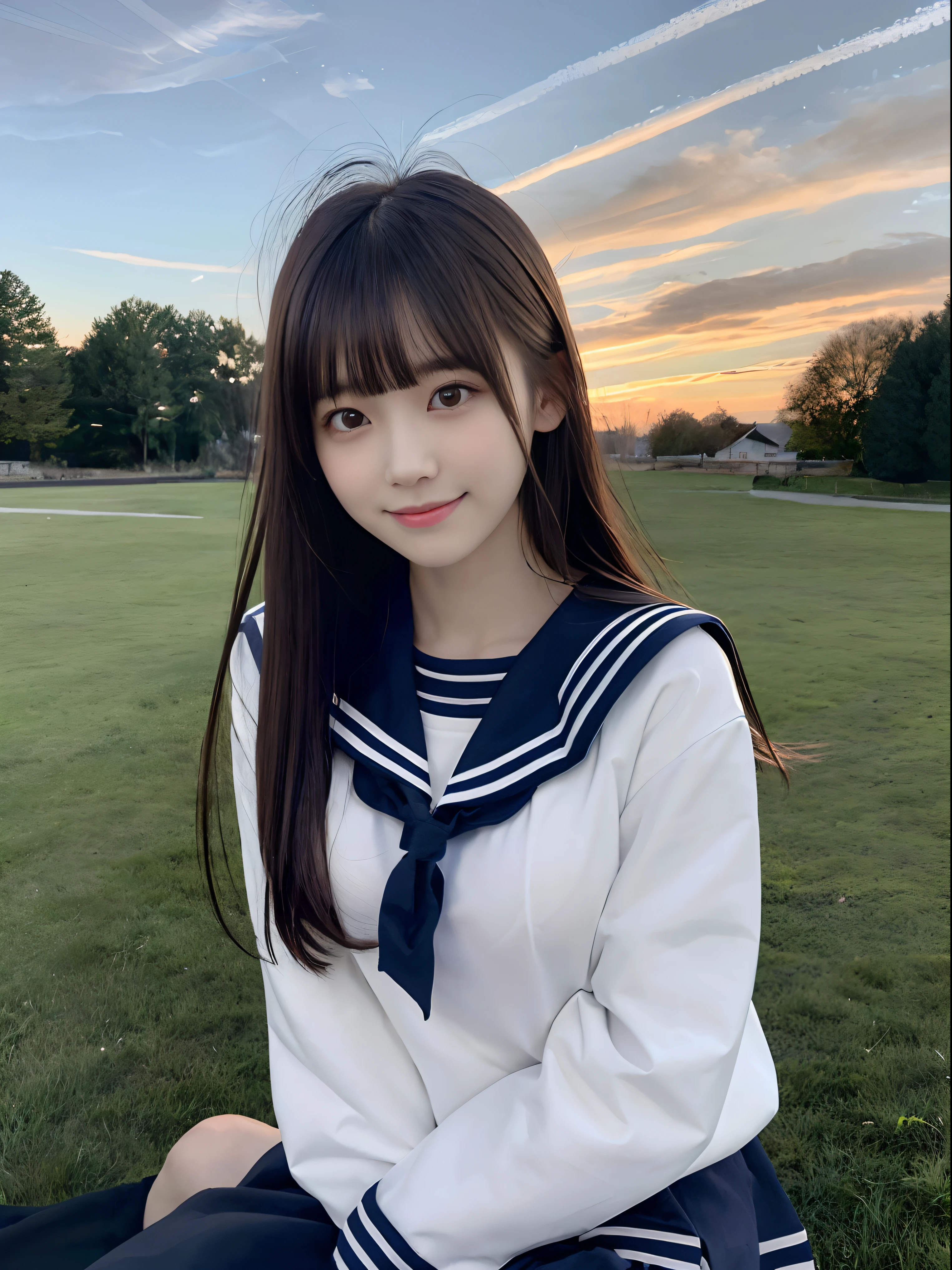 (One girl with slender small breasts and long hair with dull bangs in winter sailor suit:1.5)、(One girl waking on the grass with a small smile :1.3)、(Beautiful winter twilight sky:1.5)、(Perfect Anatomy:1.3)、(No mask:1.3)、(complete fingers:1.3)、Photorealistic、Photography、masutepiece、top-quality、High resolution delicate and cute、face perfect、Beautiful detailed eyes、Fair skin、Real Human Skin、pores、((thin legs))、(Dark hair)