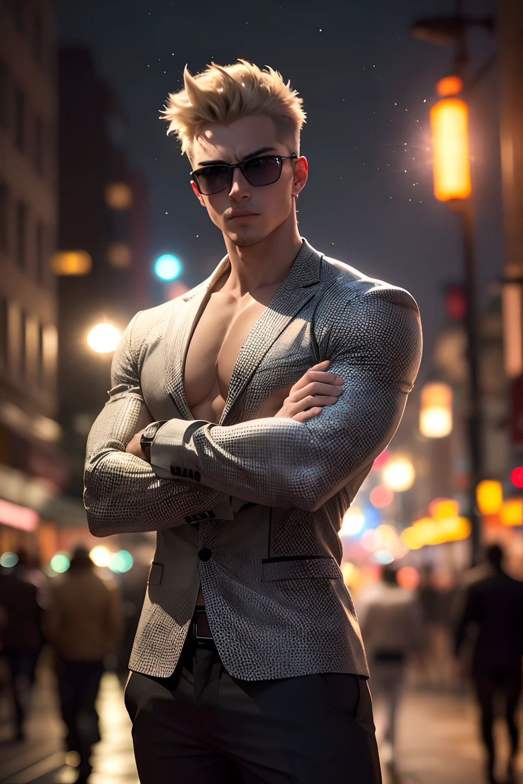 ((Film grain, bokeh, light particles ,Dust, Extreme camera angle.)), dynamicpose, Full-length photograph of a young man, Attractive, Powerful cyborg guy, eyebrow up, night time, street lamp, gray strands of hair, Narrow sunglasses