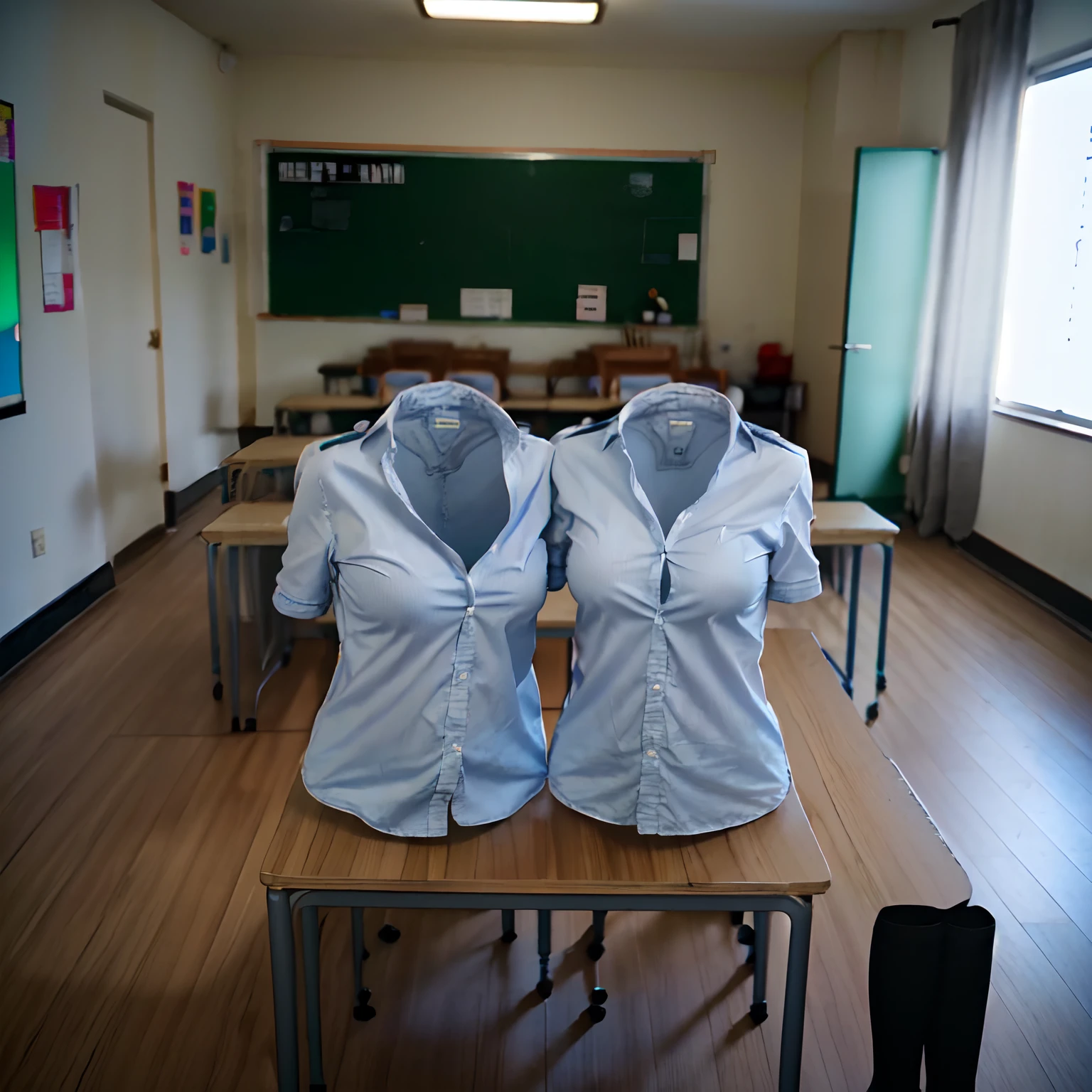 2 girls love each other, school uniform in classroom, ((invisible, no humans:1.5, headless:1.5, handless, legless)), (big breast), (close-up to breast),
(8k, RAW photo, best quality, masterpiece:1.2), (realistic, photo-realistic:1.37),photon mapping, radiosity, ((Hasselblad photography)),physically-based rendering,
