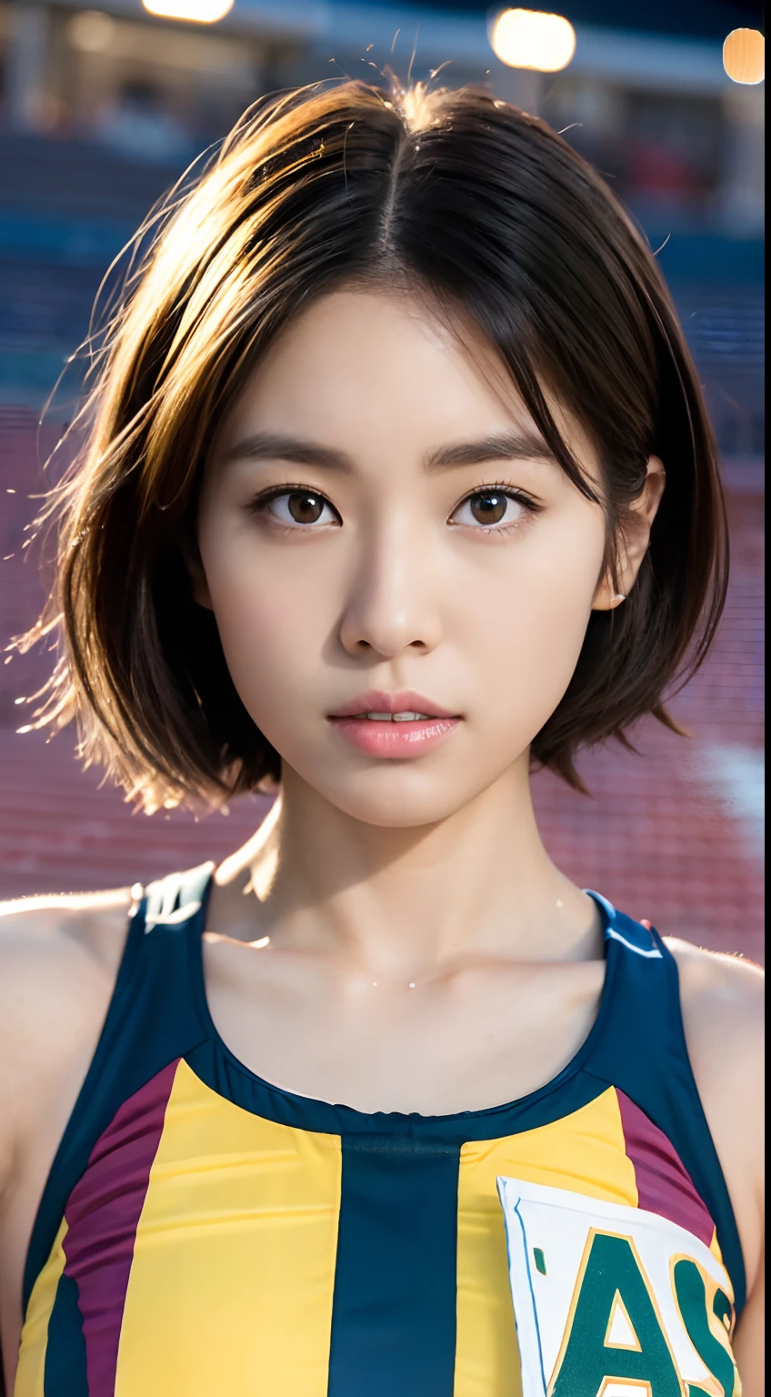 (masutepiece:1.3), (8K, Photorealistic, RAW photography, Best quality: 1.4), Japanese, Beautiful face, (lifelike face), (short detailed hair:1.3), Realistic eyes, Beautiful eyes, (realskin), Beautiful skin, hyper HD, Hyper-realistic, A high resolution, beautiful  japanese woman、Run、(Athletics stadium at night、Land:1.5)、track and field、(toppless:1.4)、(Chest shaking:1.2)、glarelight、