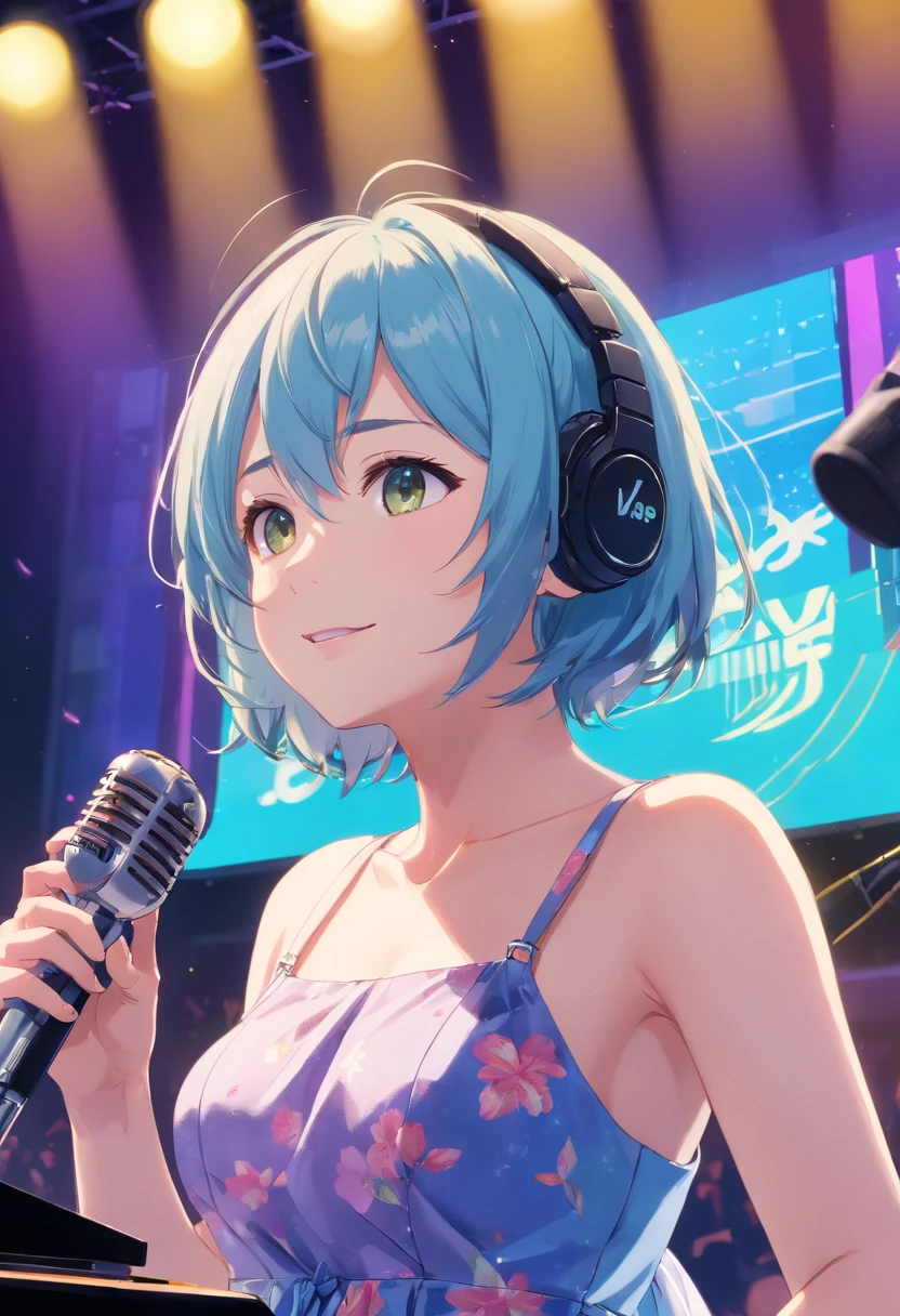 (tmasterpiece、top-quality、8K )、bird's eyes view、Look down at the camera working、Anime slim with headphones sitting on inorganic table on laptop, organism, Beauty, Retro modern, Lock, urgent, Perfect, epic,Music studio, Best shadows, Shallow depth of field, (of the highest quality, Amazing details: 1,4), Fancy, piercingeyes, neon garlands,intricately details,ultra - detailed、one-girl、Grinning 、(live stage:1.5),(Recording microphone、Colorful dresses、Condenser microphone、Mixer、Sampler、Blander、Monitors:1.2),Sing in a concert hall、Sing on a live stage、Leading section、Spotlight from behind、Ultra photo realsisim,Perfect anatomy、lightblue hair、Short Bob Hair、singers、Colorful stage costumes