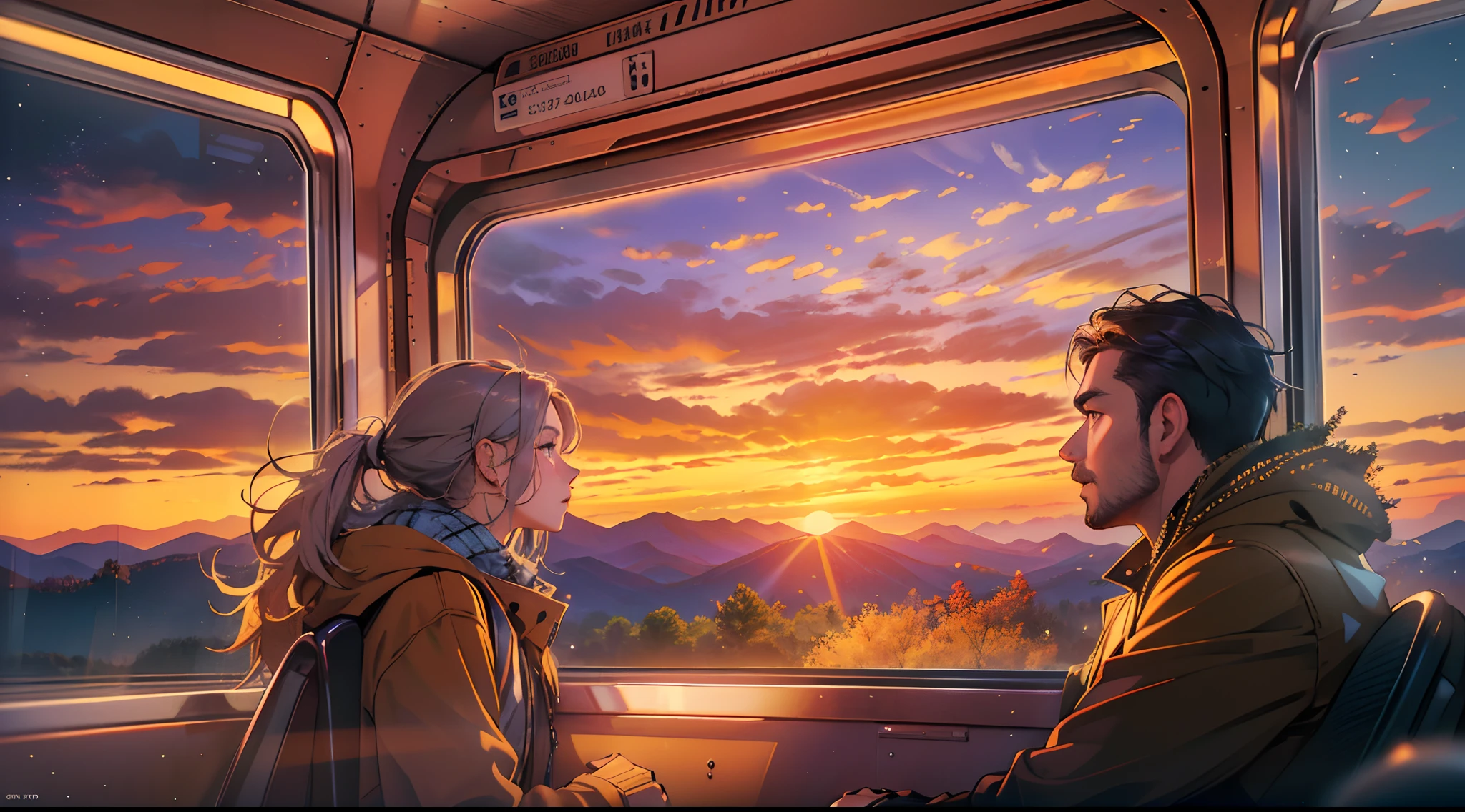 Passengers looking out the train window,Coastal city,Distant mountains,golden autumn,Evening trees,Sea,Sunset,Fiery clouds,super wide shot,(Best quality,4K,8K,A high resolution,Masterpiece:1.2),Ultra-detailed,(Realistic,Photorealistic,photo-realistic:1.37),sportrait,landscape,Vivid colors,Warm tones,Studio lighting