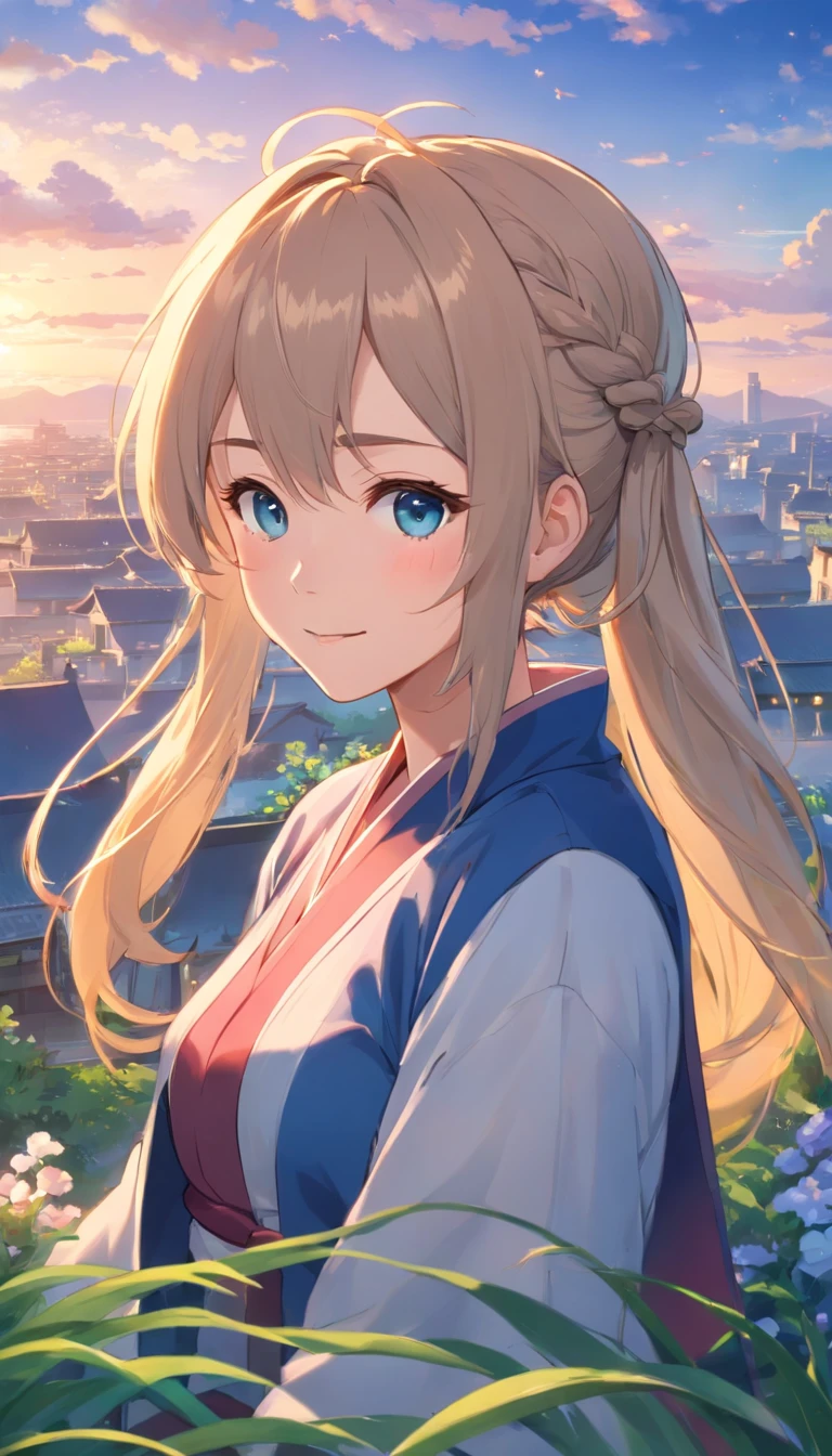 Best quality at best,tmasterpiece,The is very detailed,Face details,8K, detailed back ground,1girll,独奏,Silver hair,eBlue eyes,pigtails,long whitr hair,wavey hair,voluminous hair,pony tails,french braid,Blushlush,ssmile,Shawl,Chinese city,Chinese service,the night,themoon,scenecy,high place,horizon,ventania,wind blown,flowerbed,looking at viewert