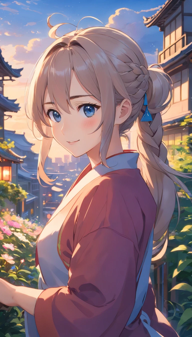 Best quality at best，tmasterpiece，The is very detailed，Face details，8K, detailed back ground，1girll，独奏，Silver hair，eBlue eyes，pigtails，long whitr hair，wavey hair，voluminous hair，pony tails，french braid，Blushlush，ssmile，Shawl，Chinese city，Chinese service，the night，themoon，scenecy，high place，horizon，ventania，wind blown，flowerbed，looking at viewert