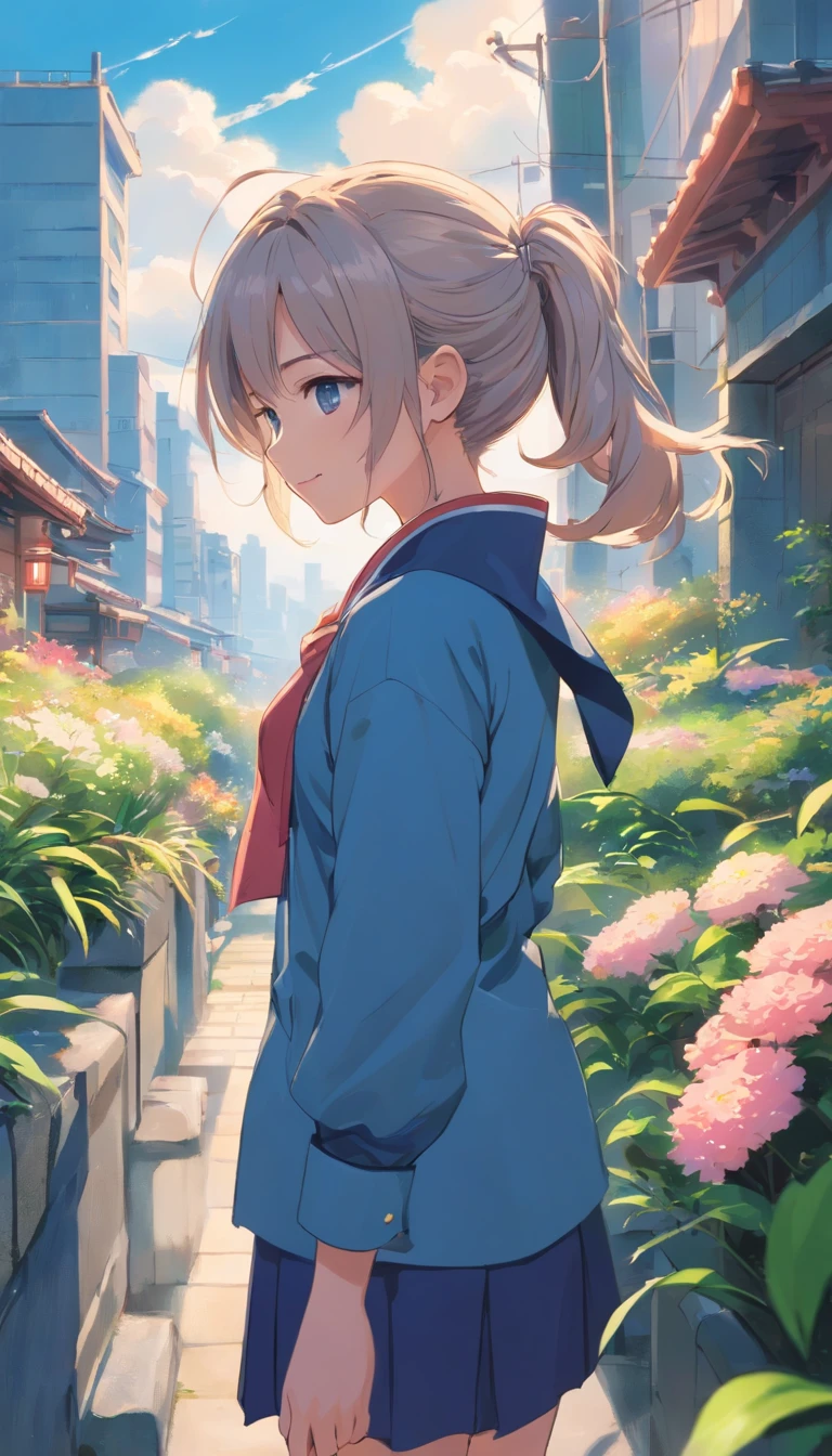 Best quality at best,tmasterpiece,The is very detailed,Face details,8K, detailed back ground,1girll,独奏,Silver hair,eBlue eyes,pigtails,long whitr hair,wavey hair,voluminous hair,pony tails,french braid,Blushlush,ssmile,Shawl,Chinese city,Chinese service,the night,themoon,scenecy,high place,horizon,ventania,wind blown,flowerbed,looking at viewert