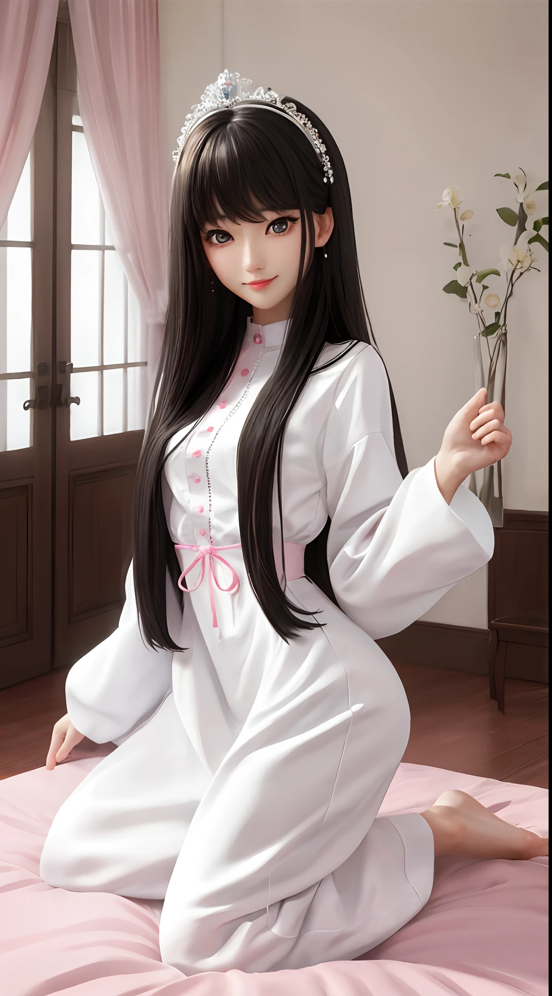 (masterpiece、top-quality)、1 beutiful girl、A smile、Slim body、(Black and white plain clothes:1.1)、(Detailed beautiful eyes)、Bedroom、in a house、Pink longhair、Small face